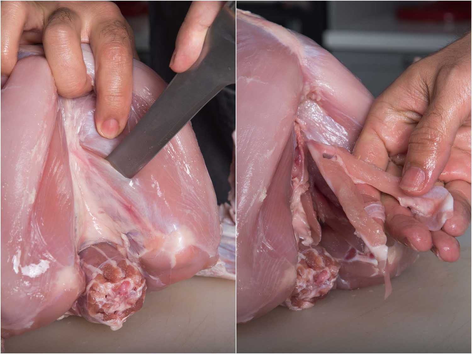 照片展示了如何从未煮熟的火鸡胸脯上去除叉骨