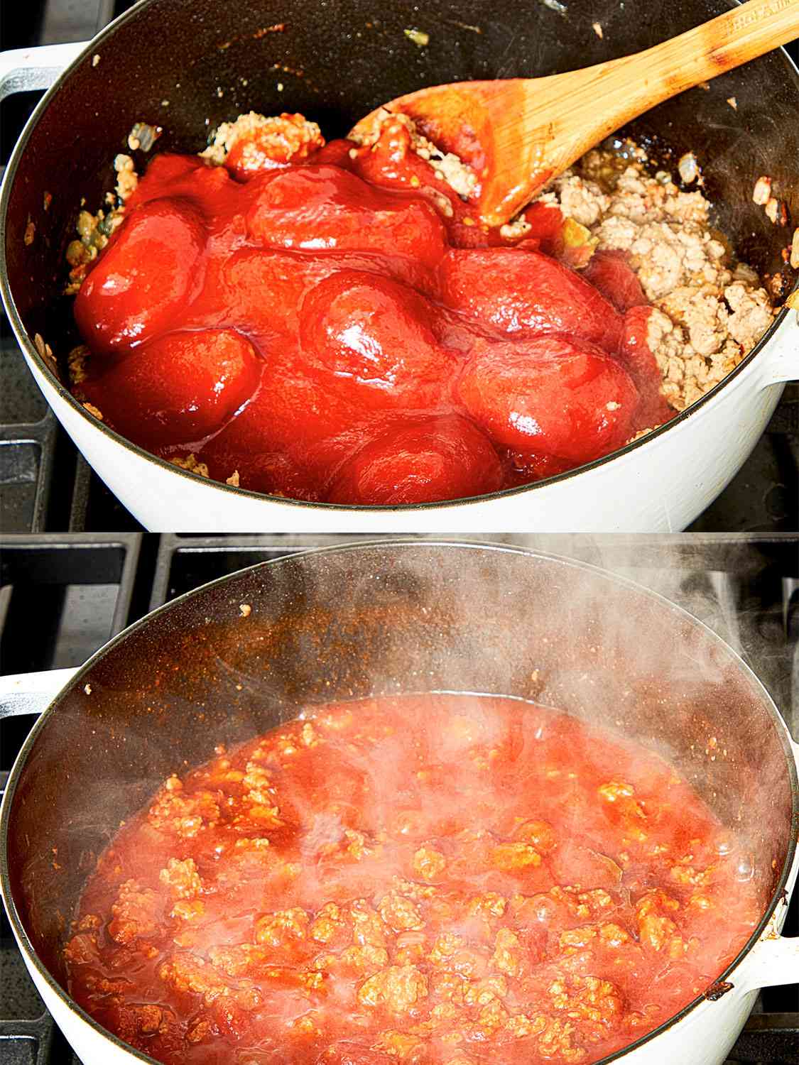 两幅拼贴图，罐头西红柿被添加到锅里的香肠中
