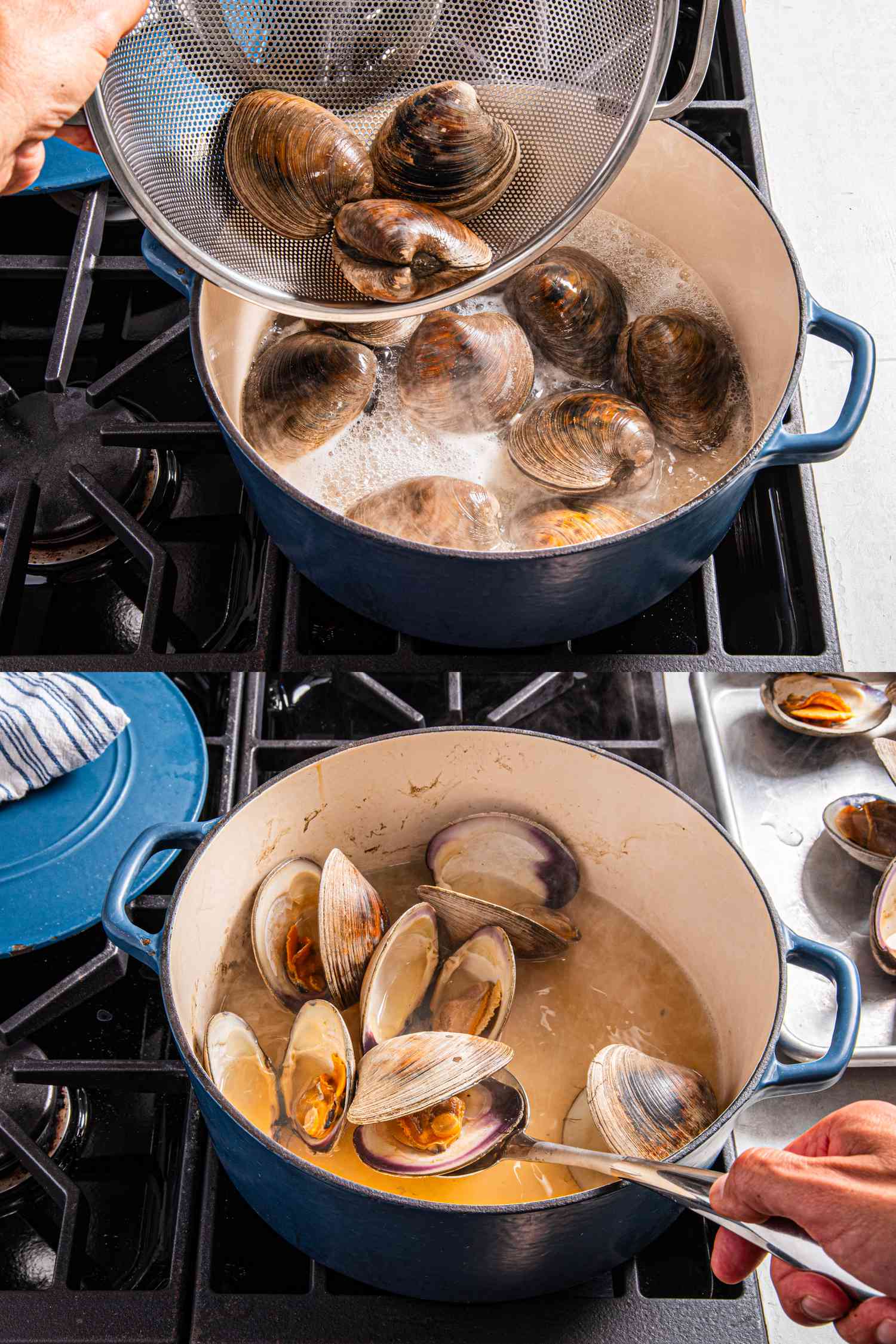 Two image collage of adding clams to dutch oven and taking opened clams out of dutch oven with slotted spoon