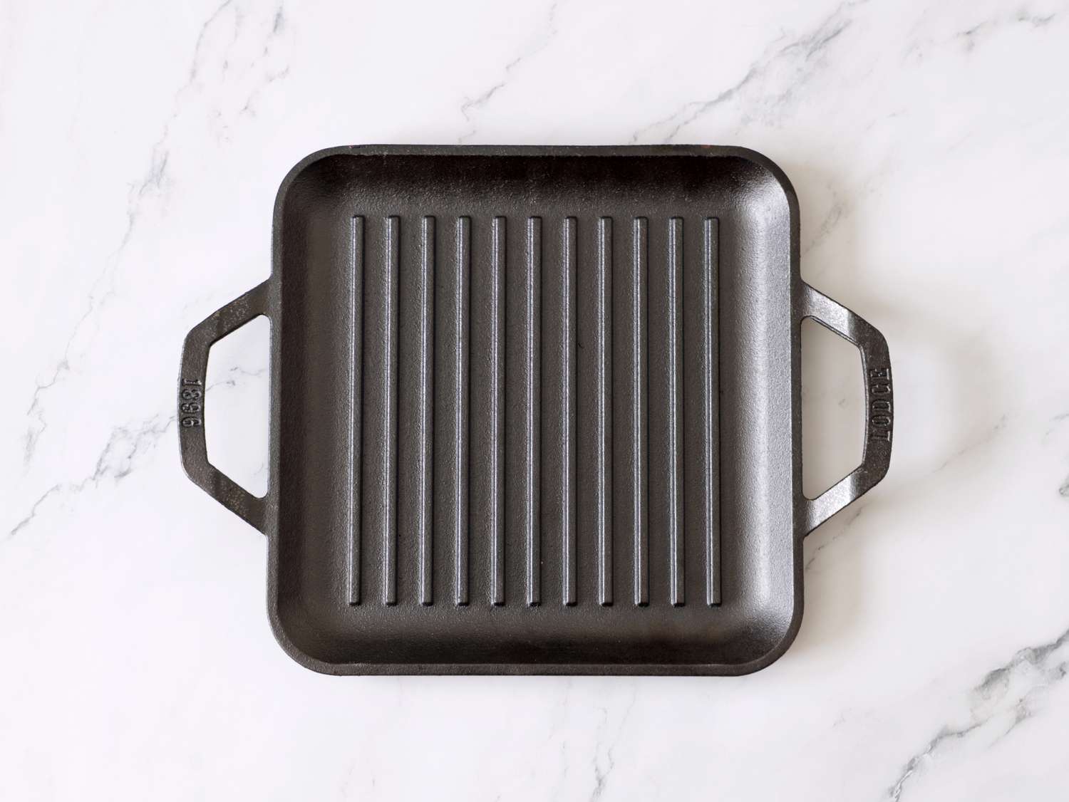 the lodge grill pan on a marble countertop