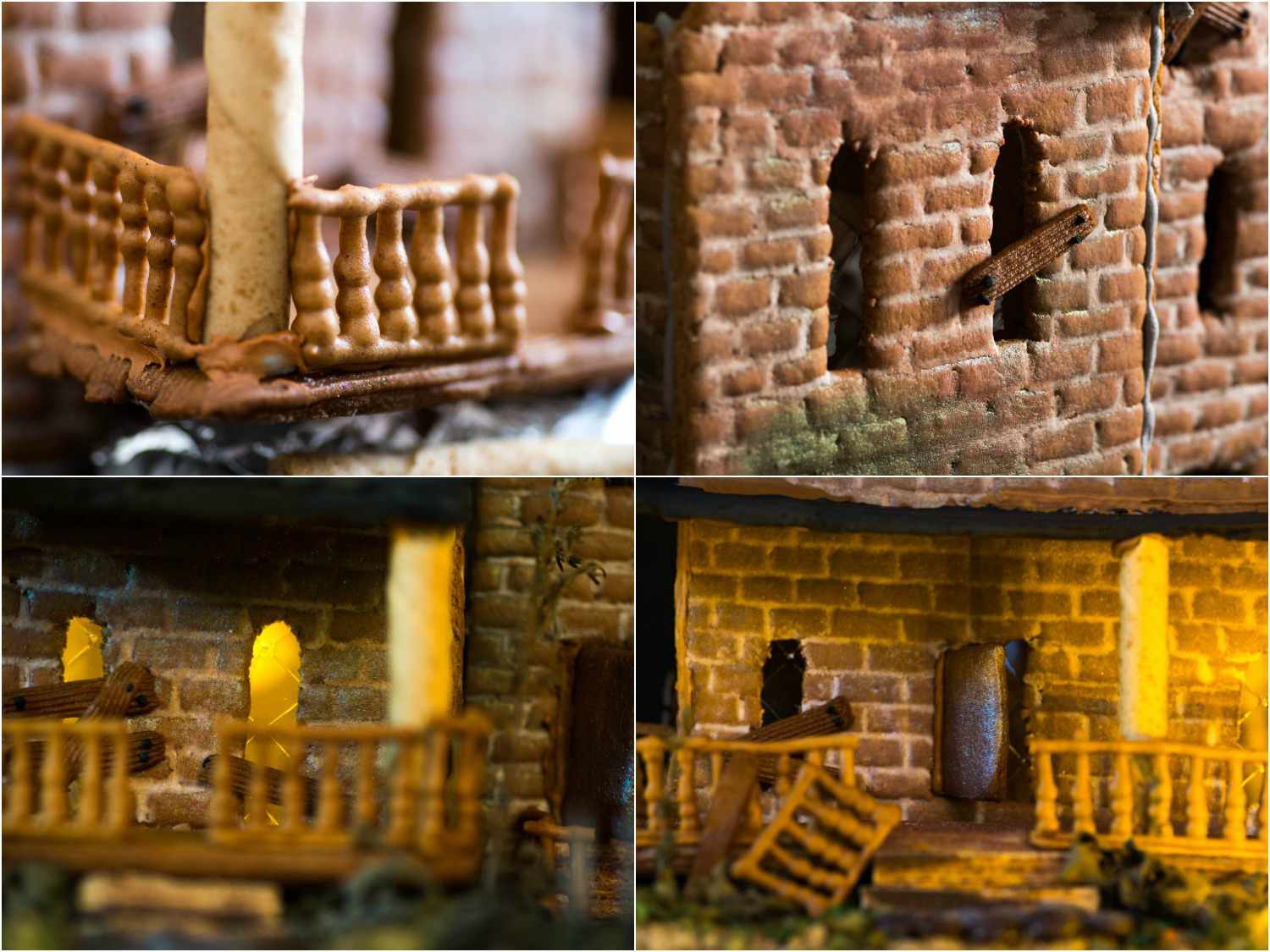 Collage of photos of dilapidated details of gingerbread house: piped gingerbread-paste railings along the porch, boarded-up window