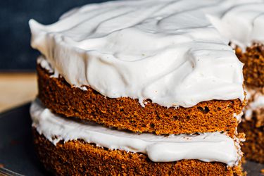 a layer cake with aquafaba meringue frosting