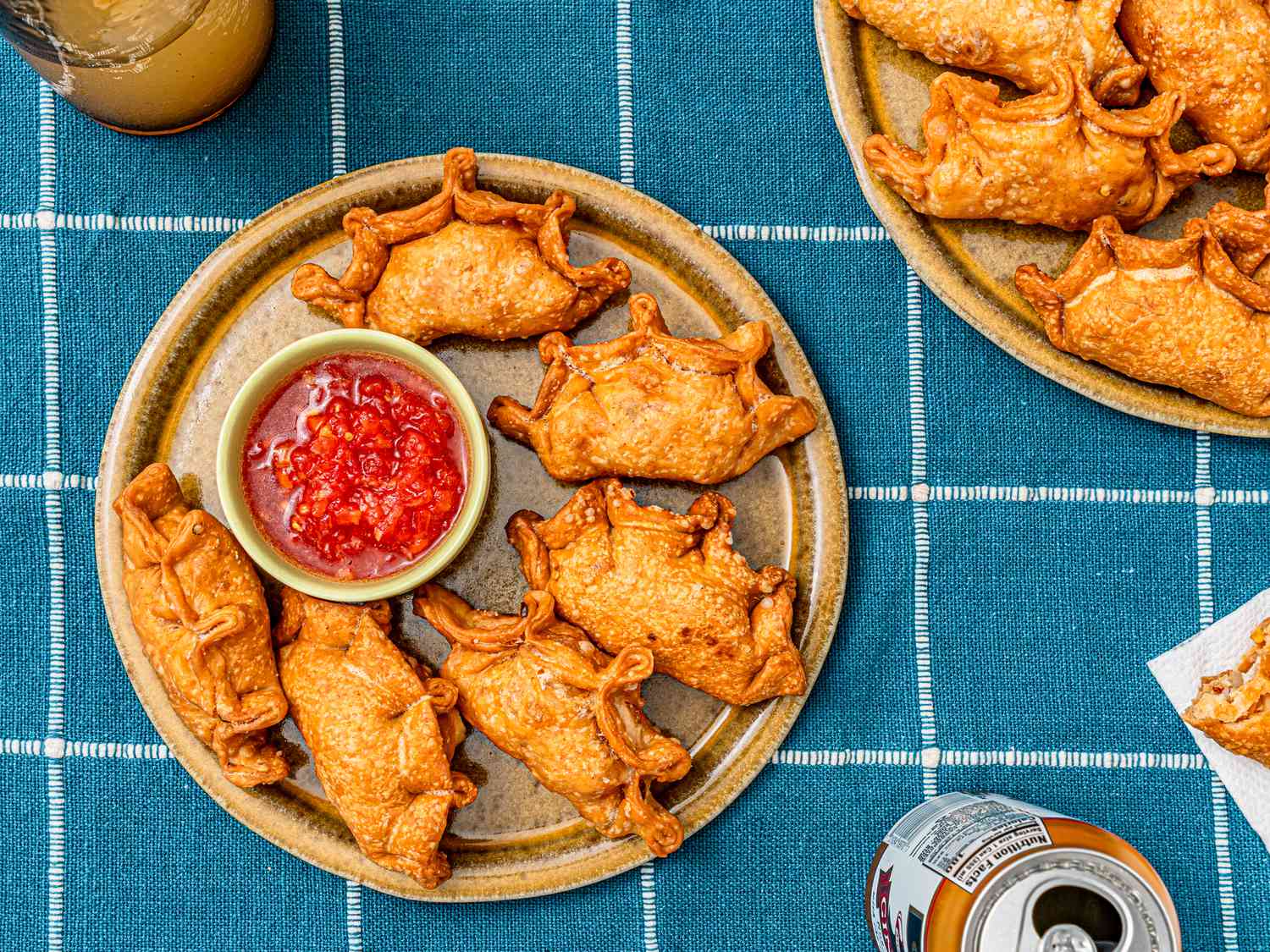 Overhead view of a plate of empanadas