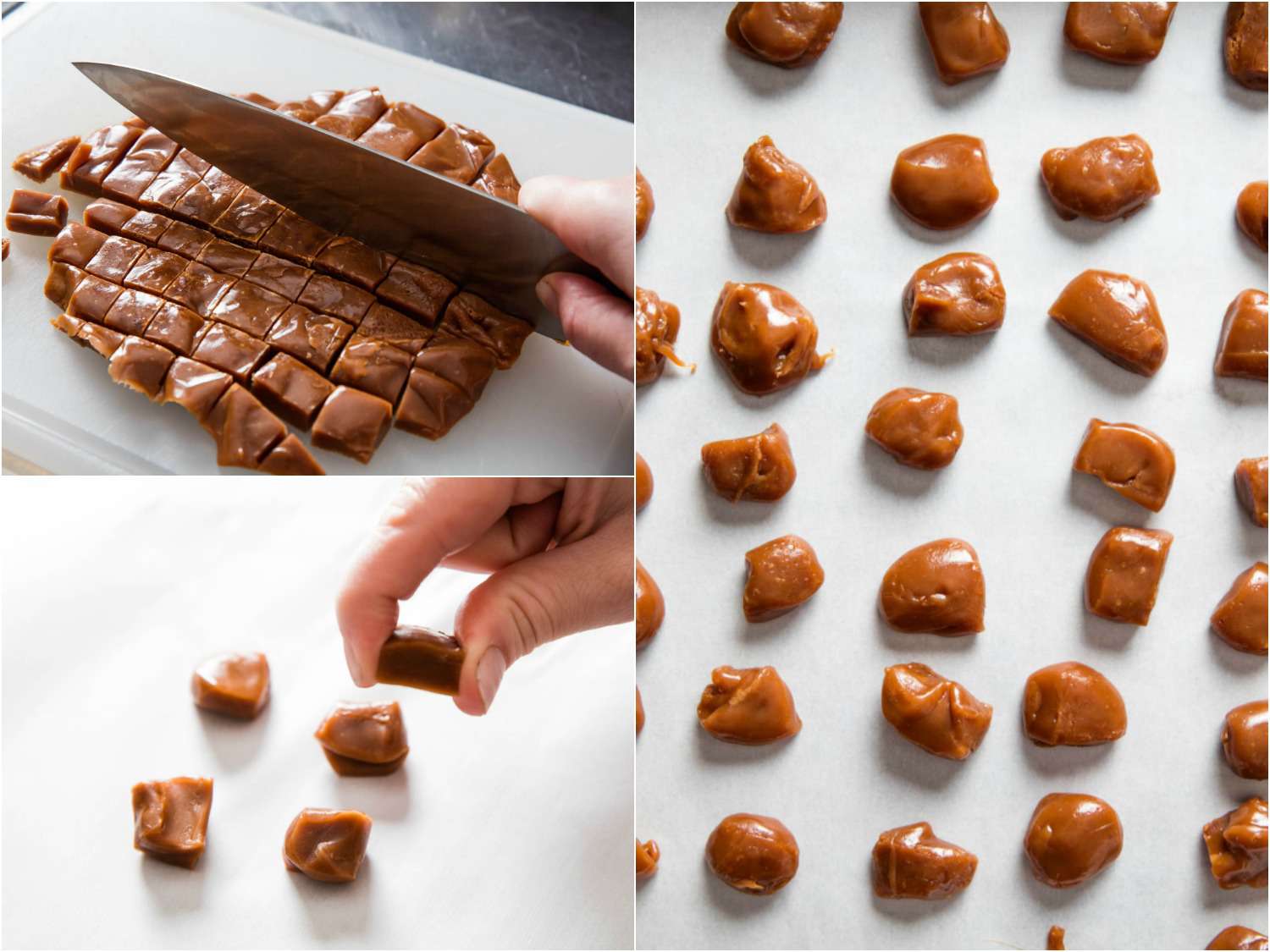 A three-image collage of cutting caramel into squares, shaping into dud-like blobs, and arranging on a work surface.