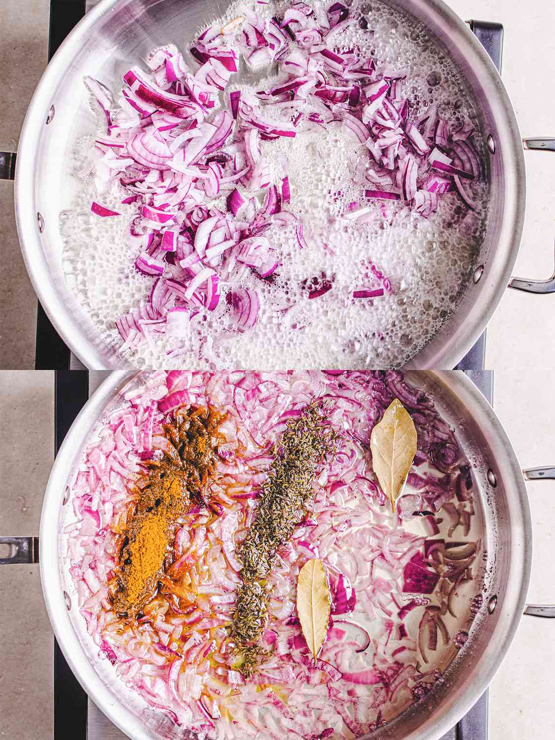 两幅洋葱的拼贴画，在油中烹饪，并添加了香料