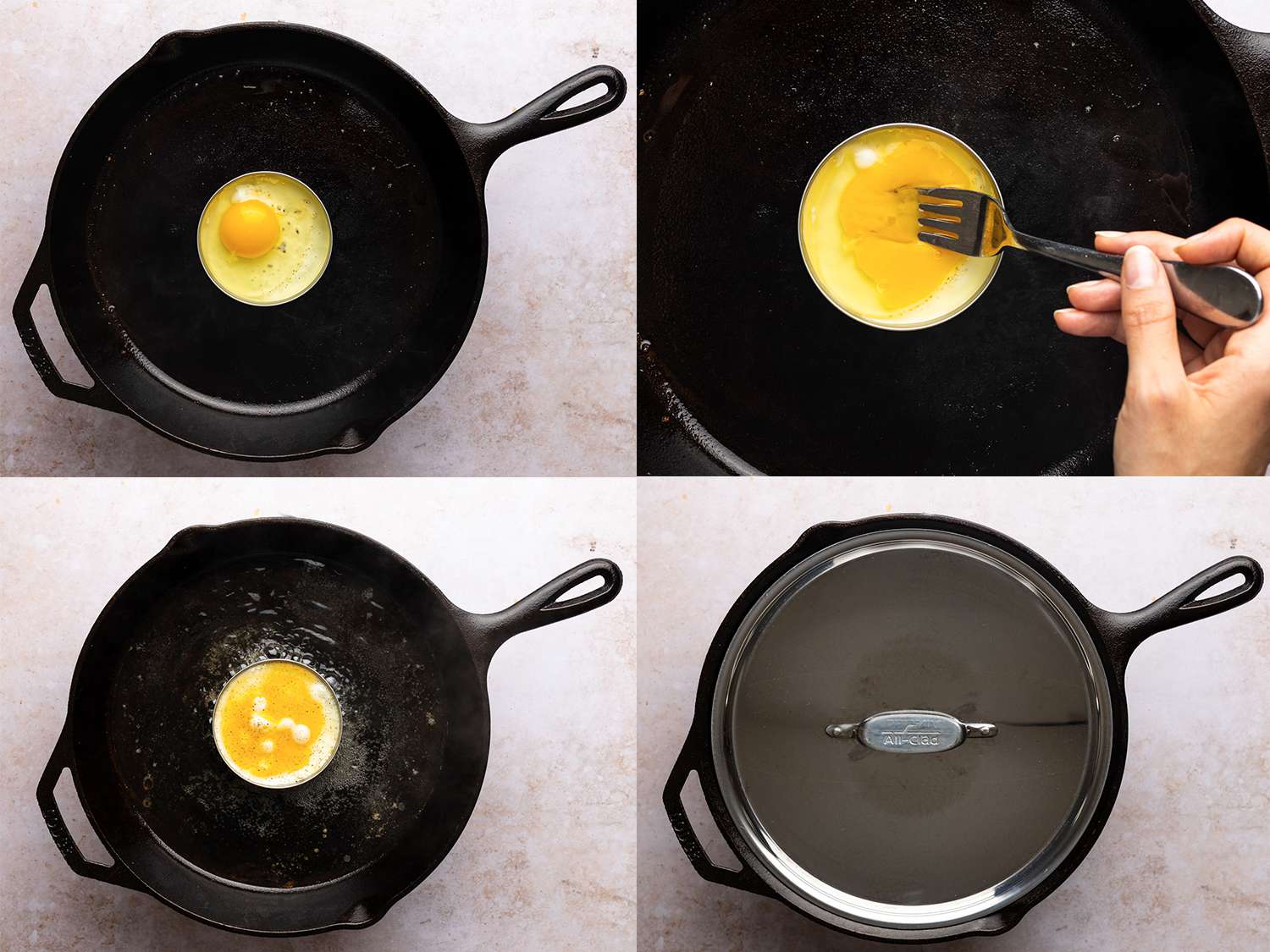 四幅拼贴画展示了烹饪鸡蛋的过程。左上角的图片展示了一个生鸡蛋放在一个铸铁煎锅的圆瓶盖里。右上方的图片显示，蛋黄是用手拿着的金属叉子打碎的。左下方的图片显示的是稍微煮熟的鸡蛋，右下方的图片显示的是锅上盖着一个金属盖子，这将有助于夹住鸡蛋的头部，从而完成鸡蛋的烹饪。