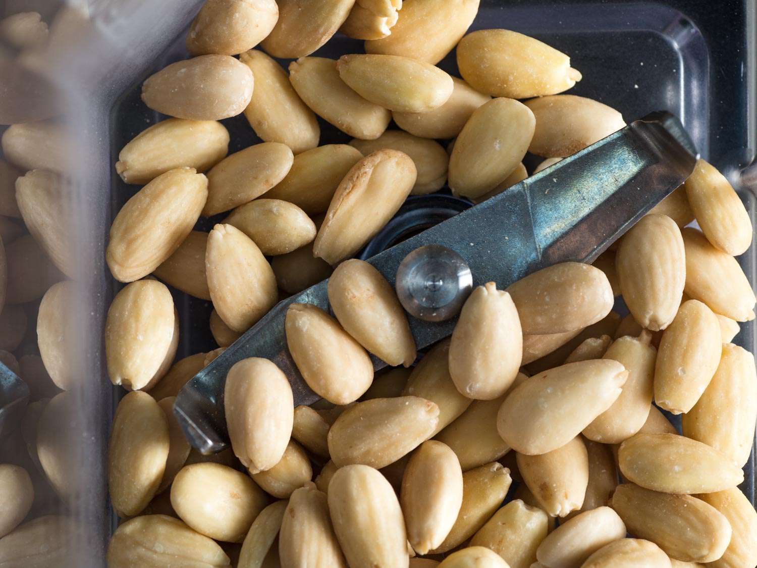 Blanched almonds sitting in a blender.