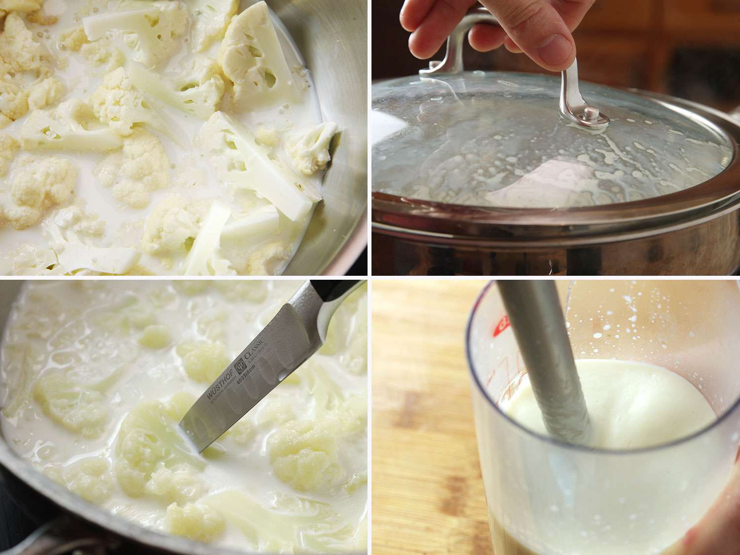 拼贴照片:第一张是用素食牛奶蒸花椰菜。第二个是一只手打开一个有冷凝物的有盖的锅。第三步是用刀检查蒸好的菜花是否熟透。第四步是用浸入式搅拌机将花椰菜打成泥。