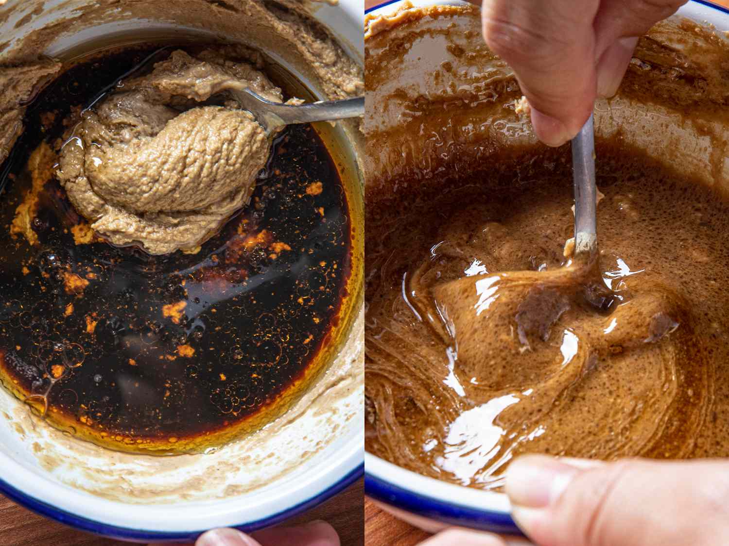 二图像拼贴。左:未混合的酱油和芝麻酱。右:芝麻酱拌匀