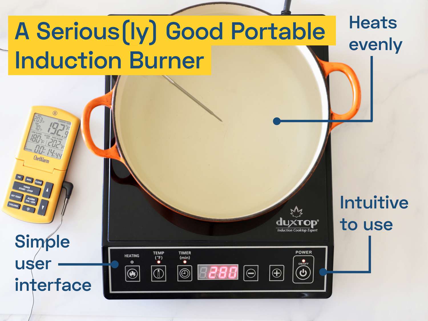 An induction burner on a marble countertop with a dutch oven on top of the burner. and a thermometer and probe next to it.