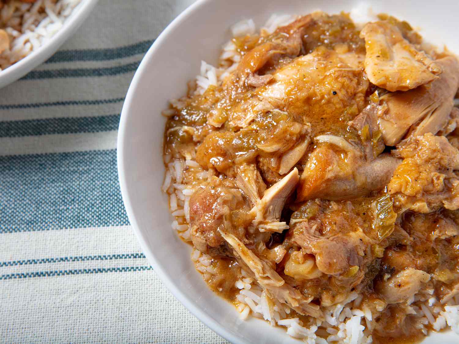 Close up image of lowcounty stew chicken over rice. The food is inside of a white porcelain bowl, placed on a textured and dyed dishcloth.