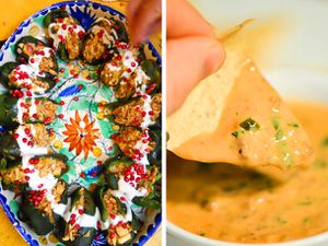 A platter of chiles en nogada on the left, and a chip dipped in a bowl of queso dip on the right.