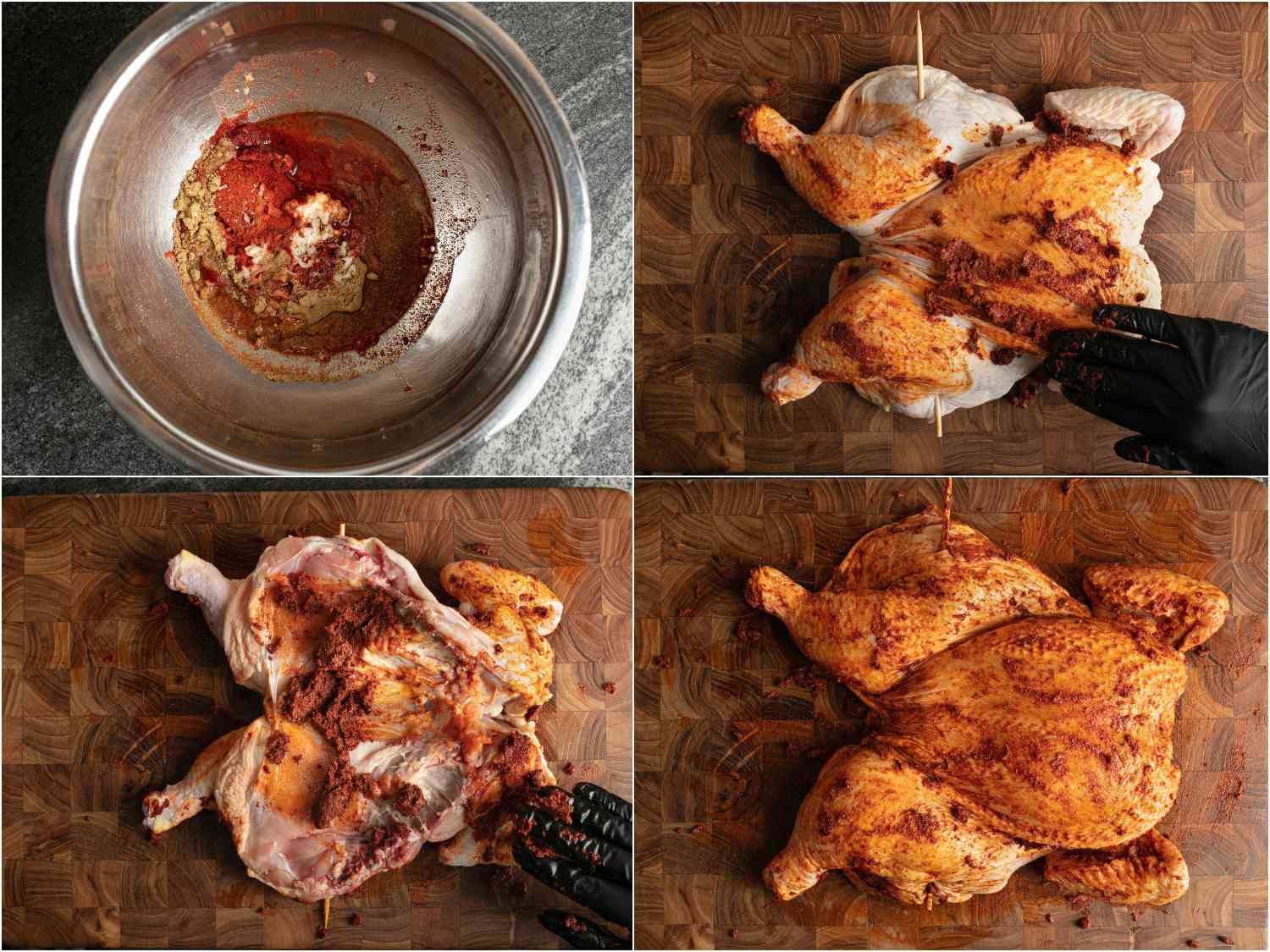 照片拼贴:混合秘鲁鸡肉卤汁的原料，并在烧烤前华体会应用下载涂抹蝴蝶鸡。gydF4y2Ba