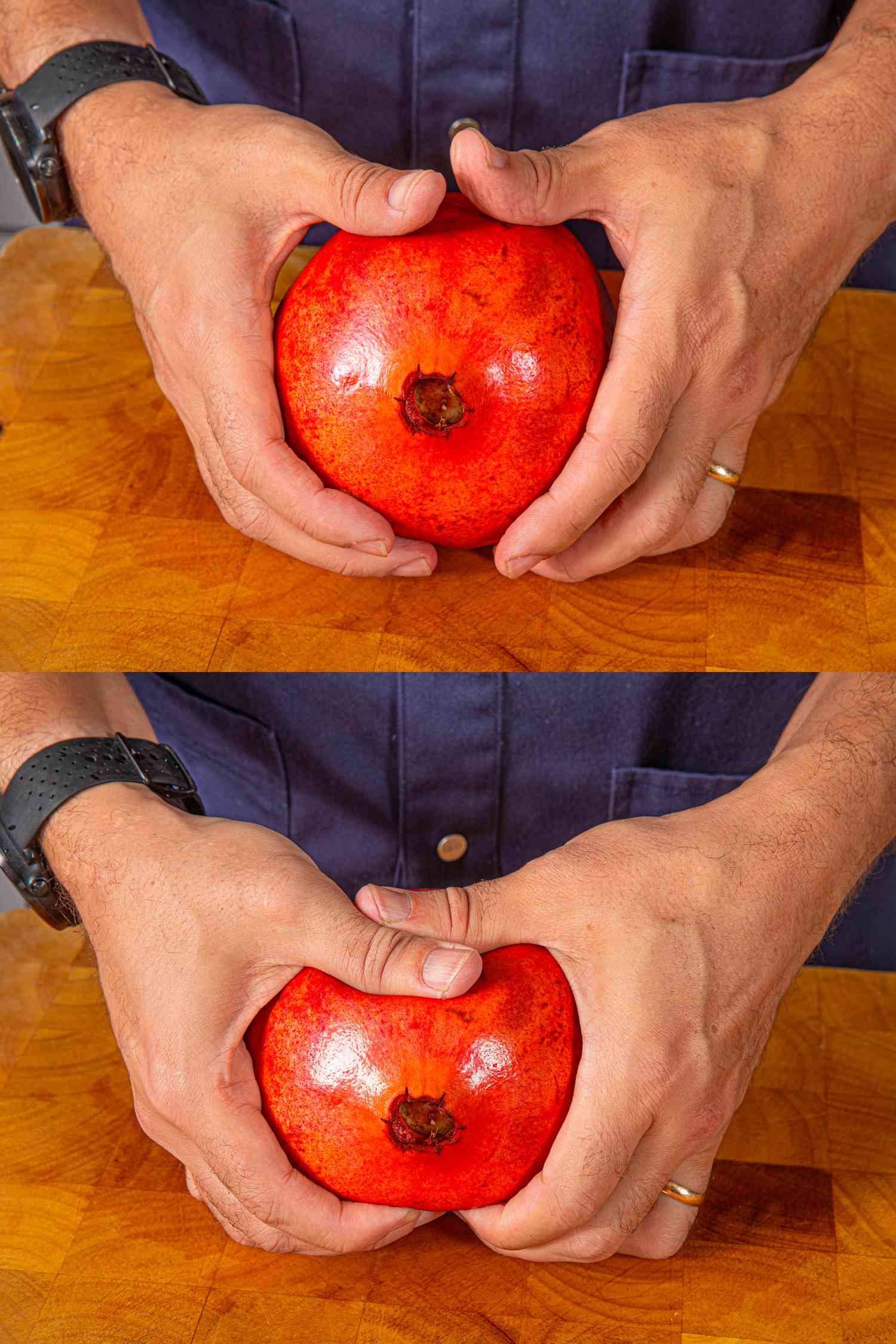 Two image collage of juicing a pomegranate with two hands
