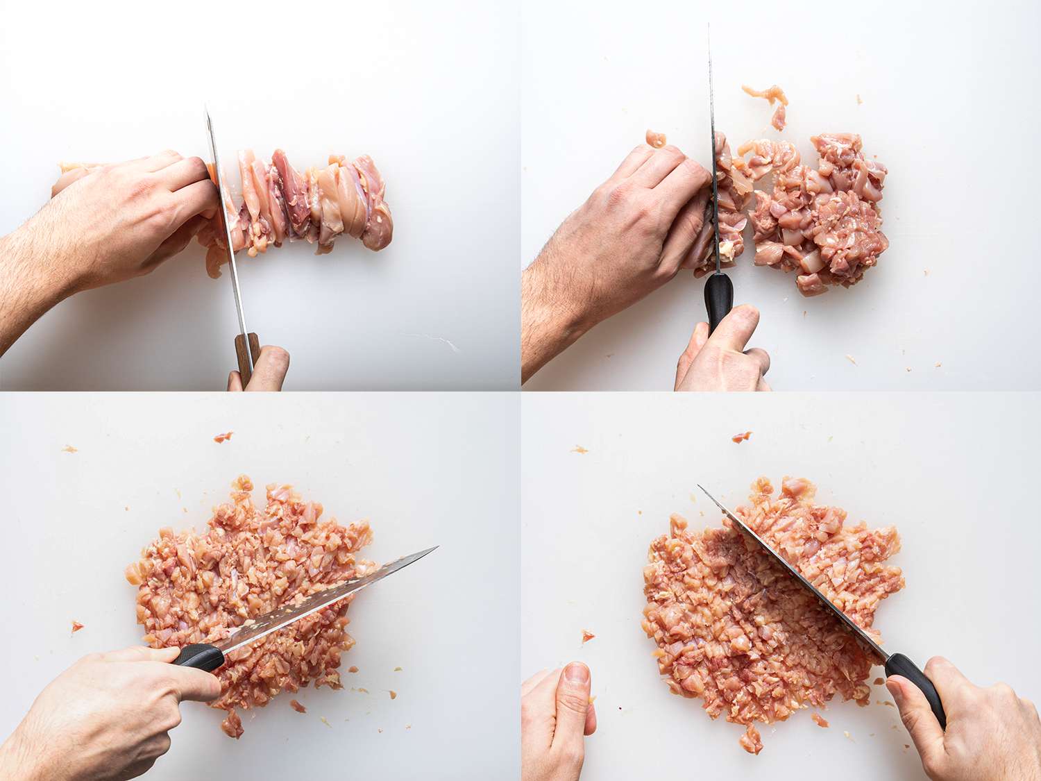 在切菜板上用四步拼贴法将鸡肉切碎。