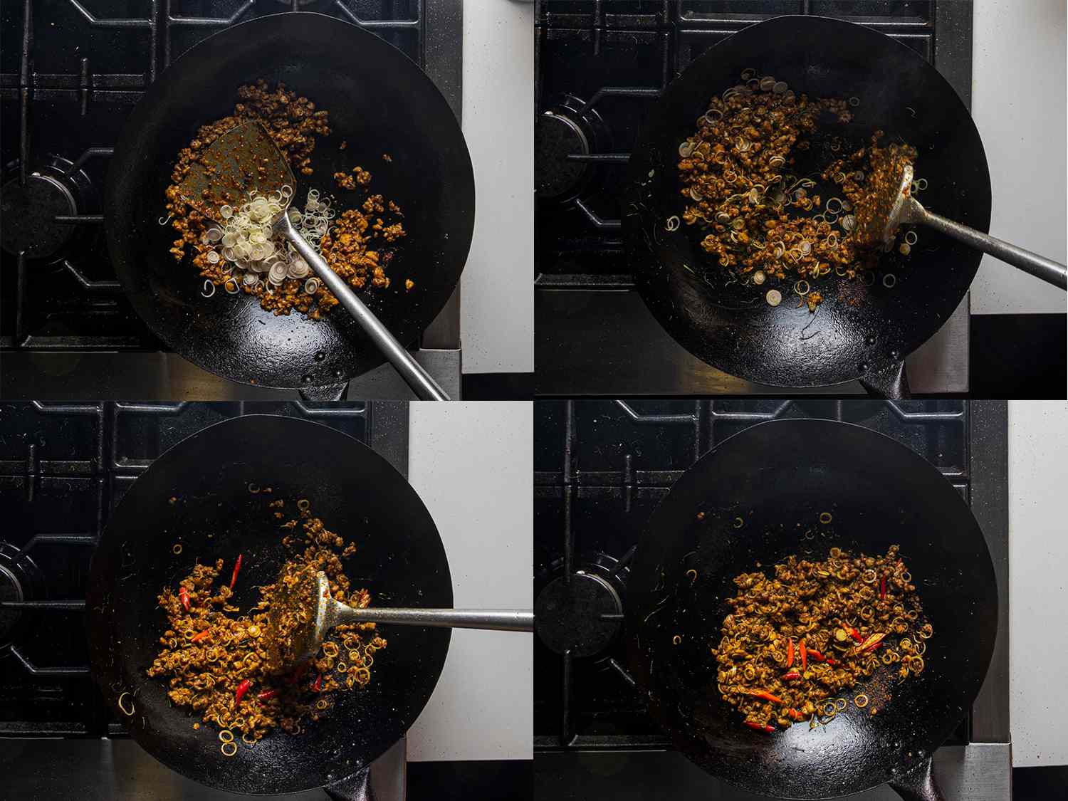 4幅拼贴的鸡肉、咖喱、柠檬草和辣椒用金属铲在锅里煮