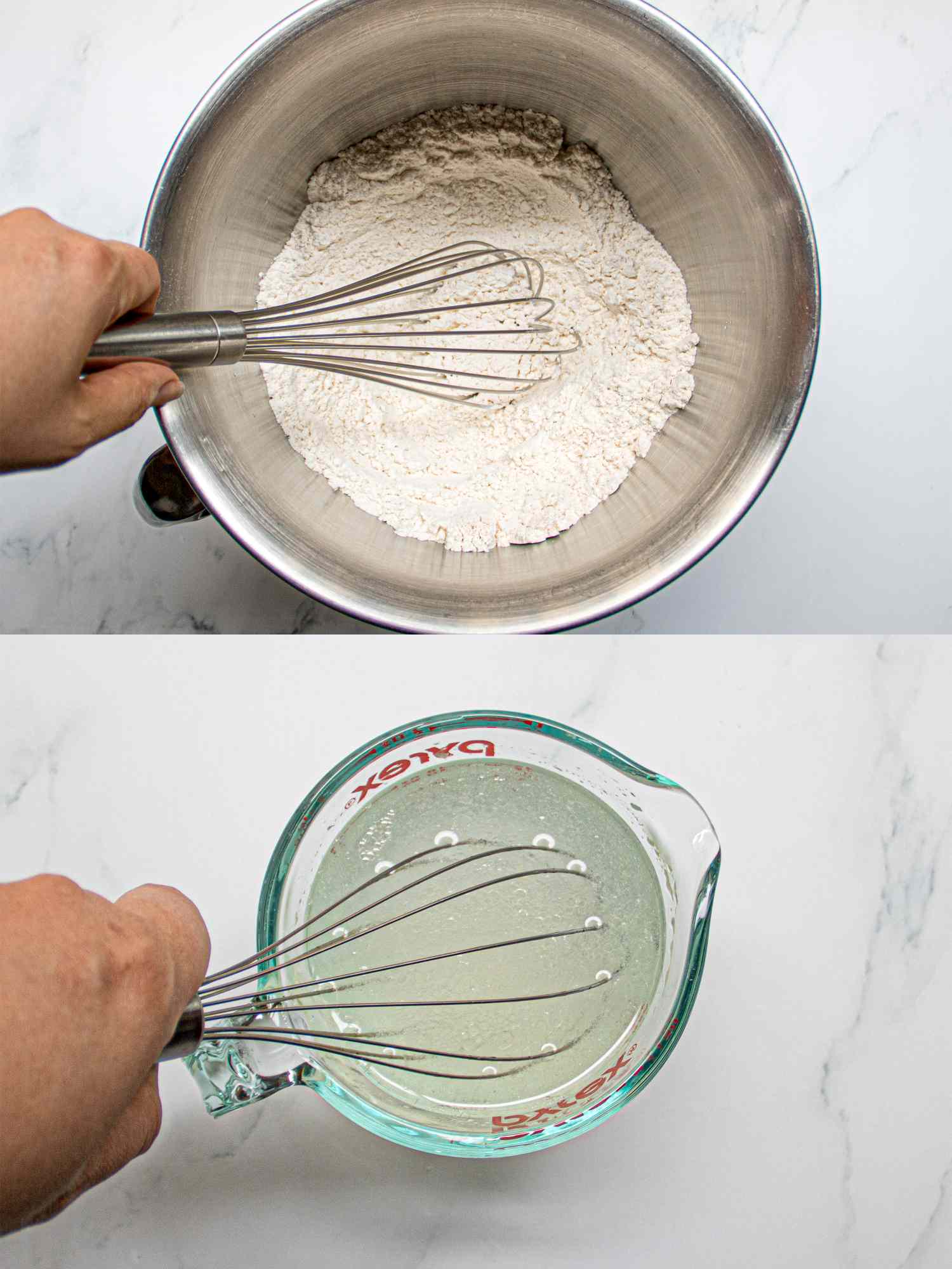 Two image collage of whisking flour mixture in a stand mixer and mixing yeast mixture in a measuring cup