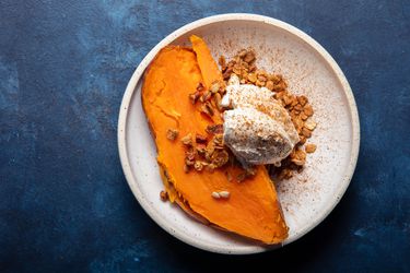 Frozen roasted sweet potato with whipped creme fraiche and granola