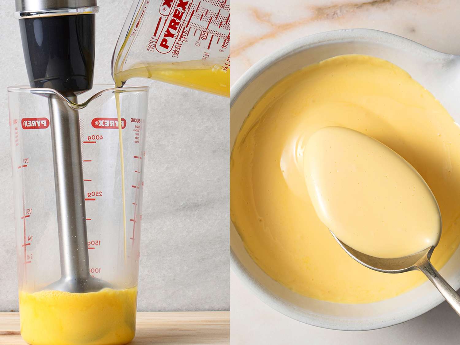 将热黄油倒入量杯，同时用浸入式搅拌机搅拌，再加入一碗荷兰酱gydF4y2Ba