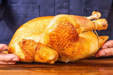 Side view of a roast chicken