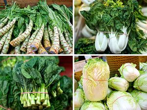 A four image collage of various Asian greens