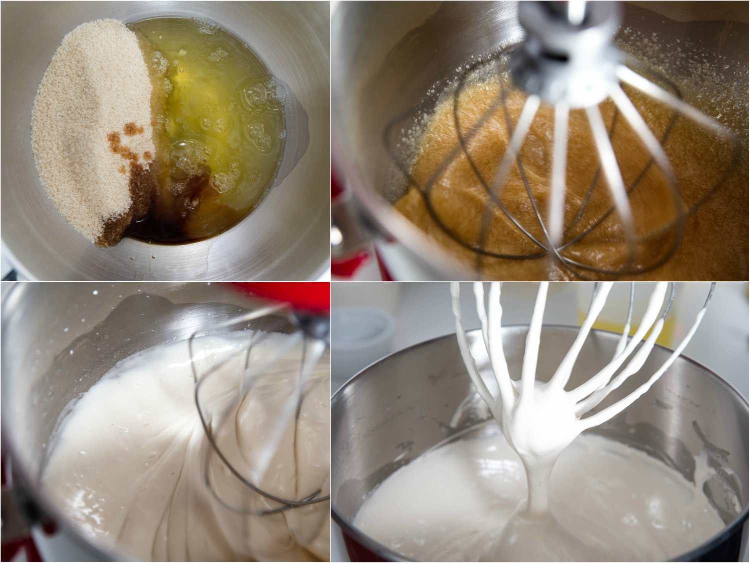 将蛋清、糖、盐和香草精拼贴在一起搅拌，直到形成一个柔软的顶点。gydF4y2Ba