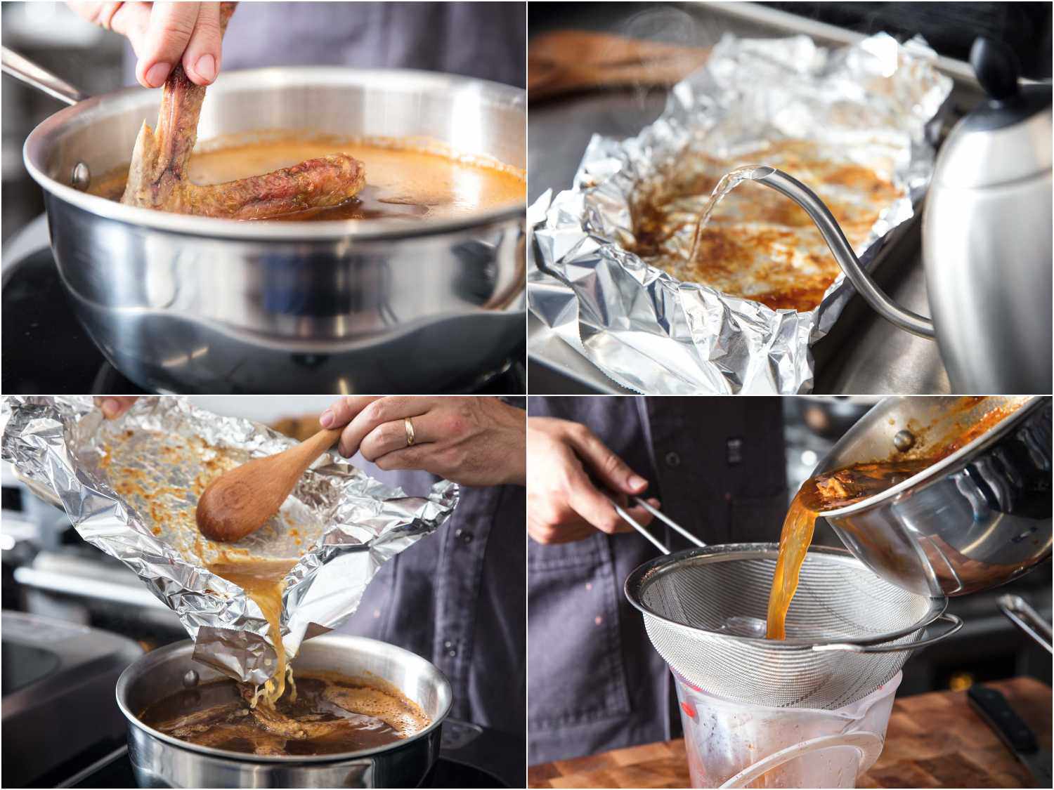 一幅拼贴画，画的是锅里的鸭子，用水去釉烤锅，把去釉的带棕色碎片的锅倒进锅里，过滤高汤