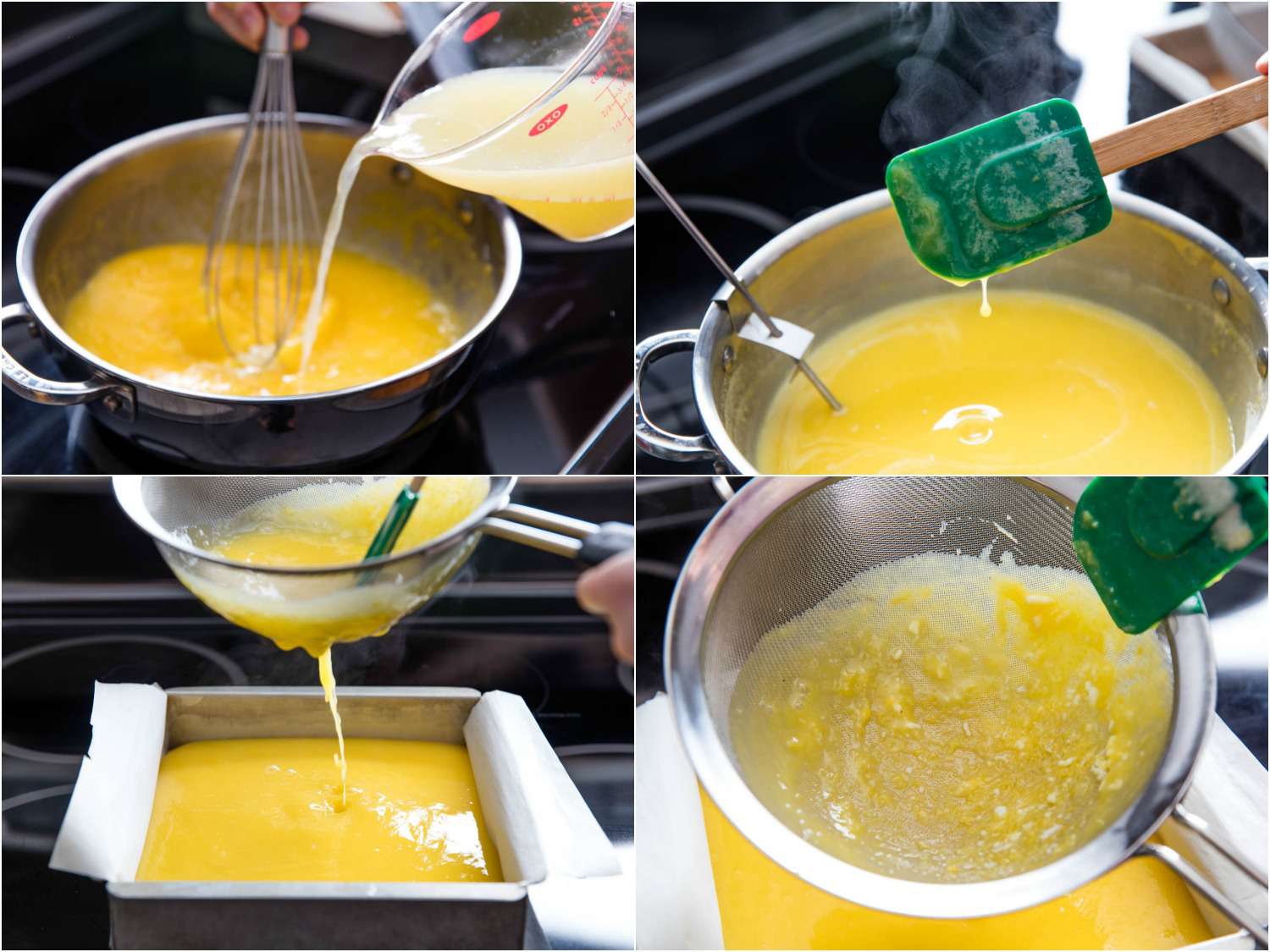 拼贴照片显示，将柠檬汁搅拌到蛋糖混合物中，在炉子上烹饪混合物，然后滤入羊皮纸衬里的烤盘，制作柠檬棒。