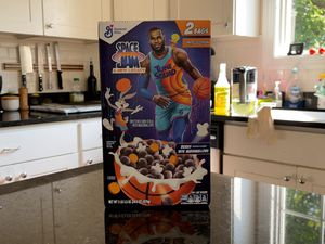 Box of Space Jam: A New Legacy-themed Cereal on a kitchen counter