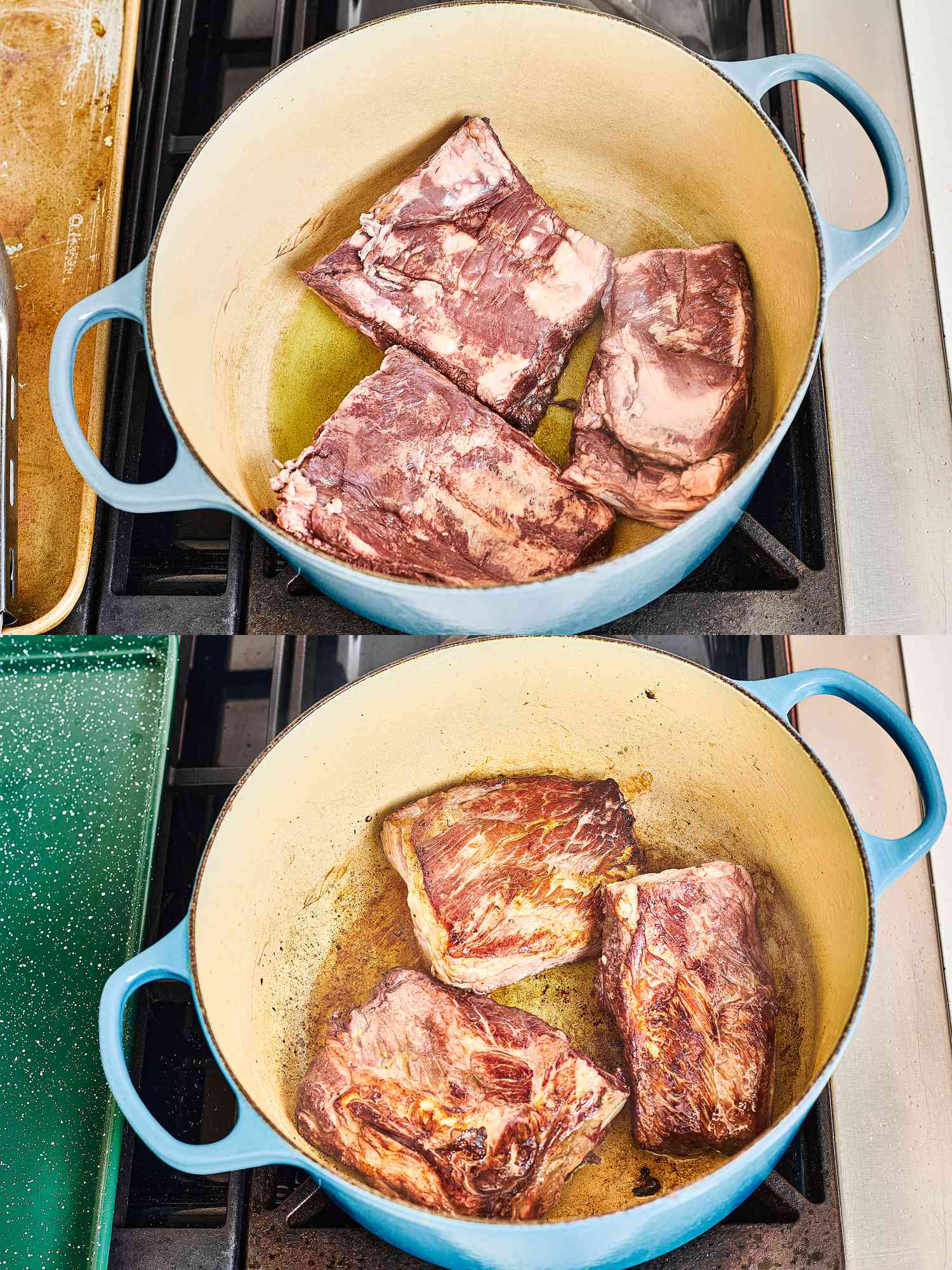 Two image collage of pork browning in dutch oven