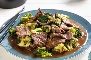 Plate of Stir-Fried Beef with Broccoli in Oyster Sauce with chopsticks resting on the edge