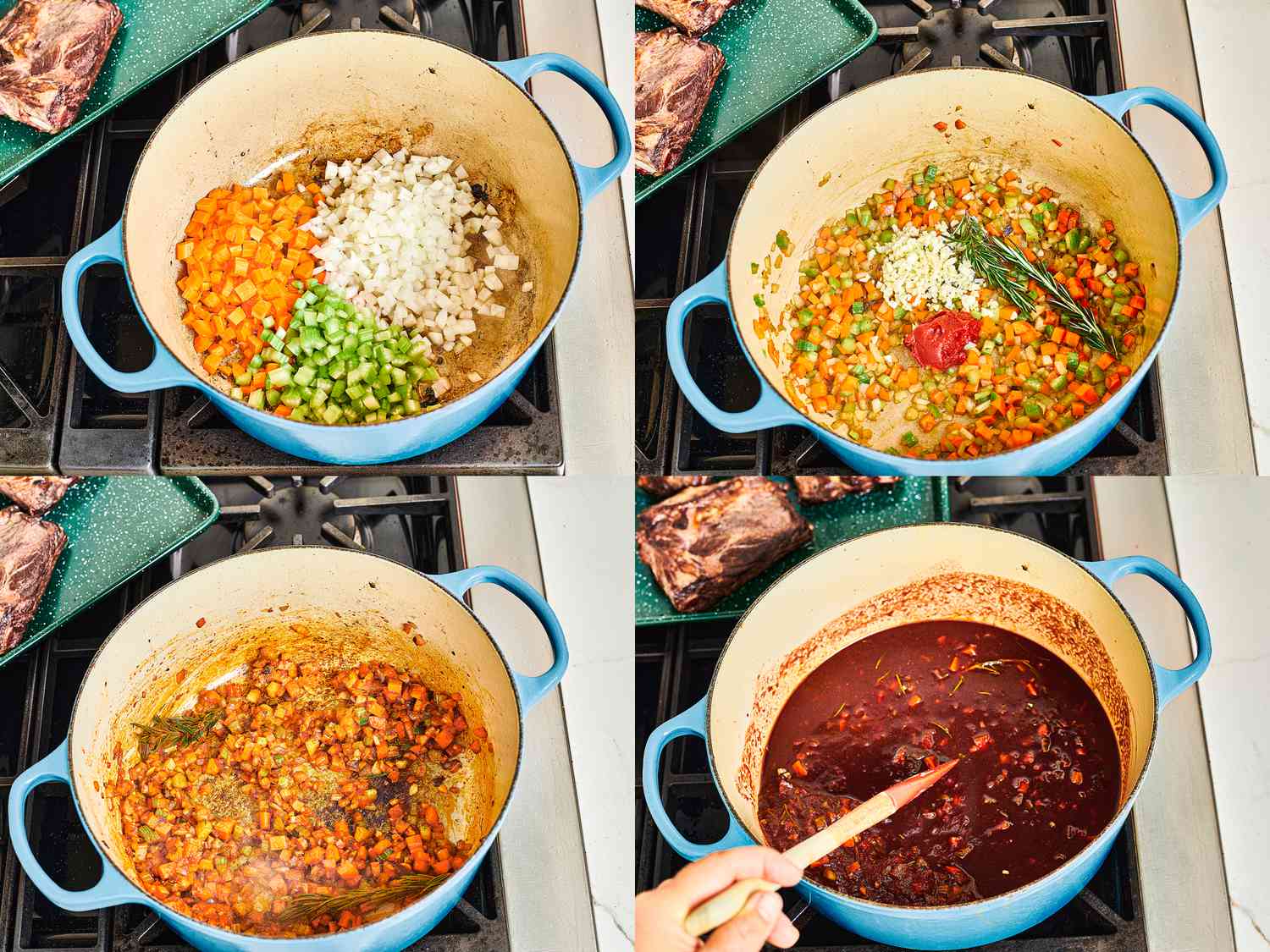 Four image collage of overhead view of carrots, onions, celery and marinade cooking