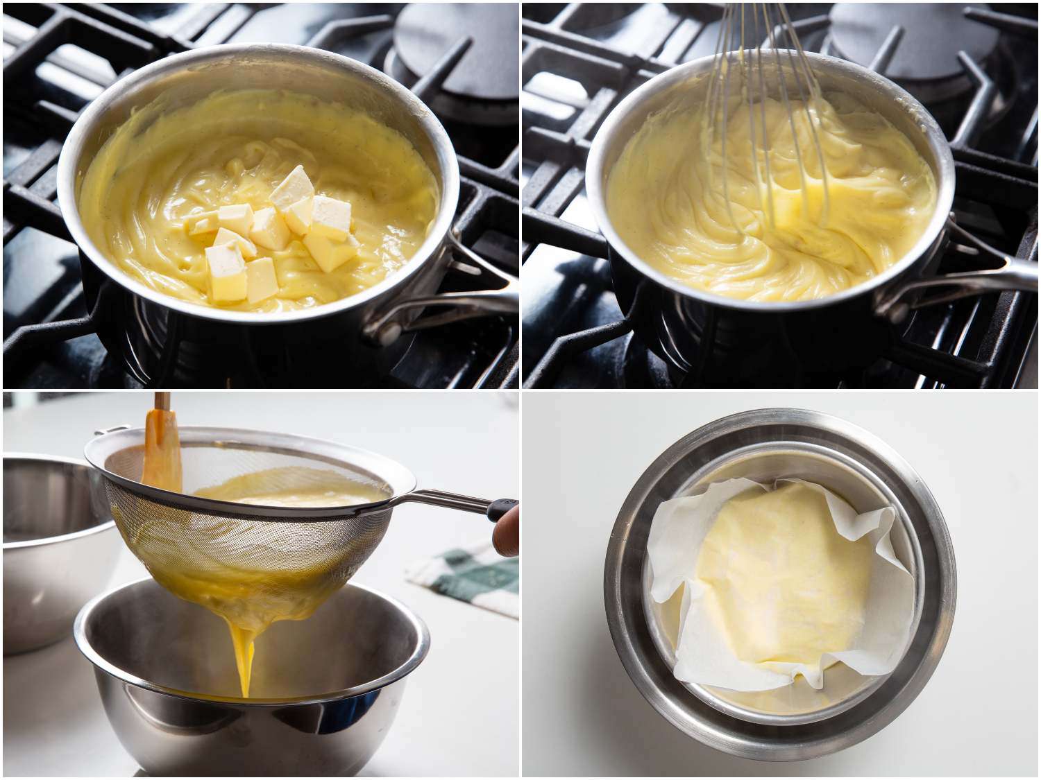 拼贴制作糕点奶油的最后步骤:搅拌黄油，过滤奶油，并将其放入冰浴中gydF4y2Ba