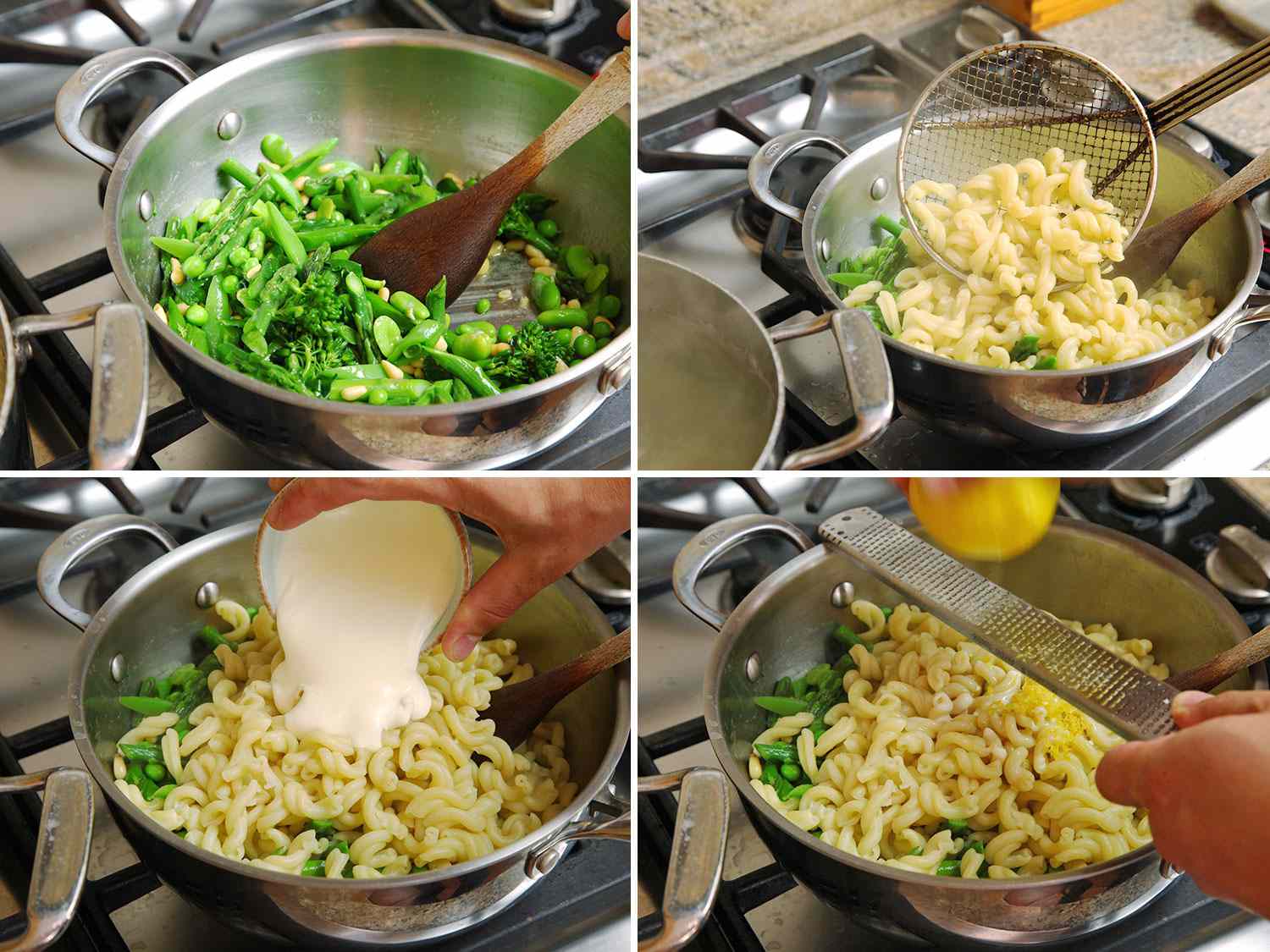 4张图片拼贴烹饪意大利面:加入焯过的蔬菜，然后是意大利面，然后是奶油<s:1>干酪<e:1>和柠檬皮。gydF4y2Ba