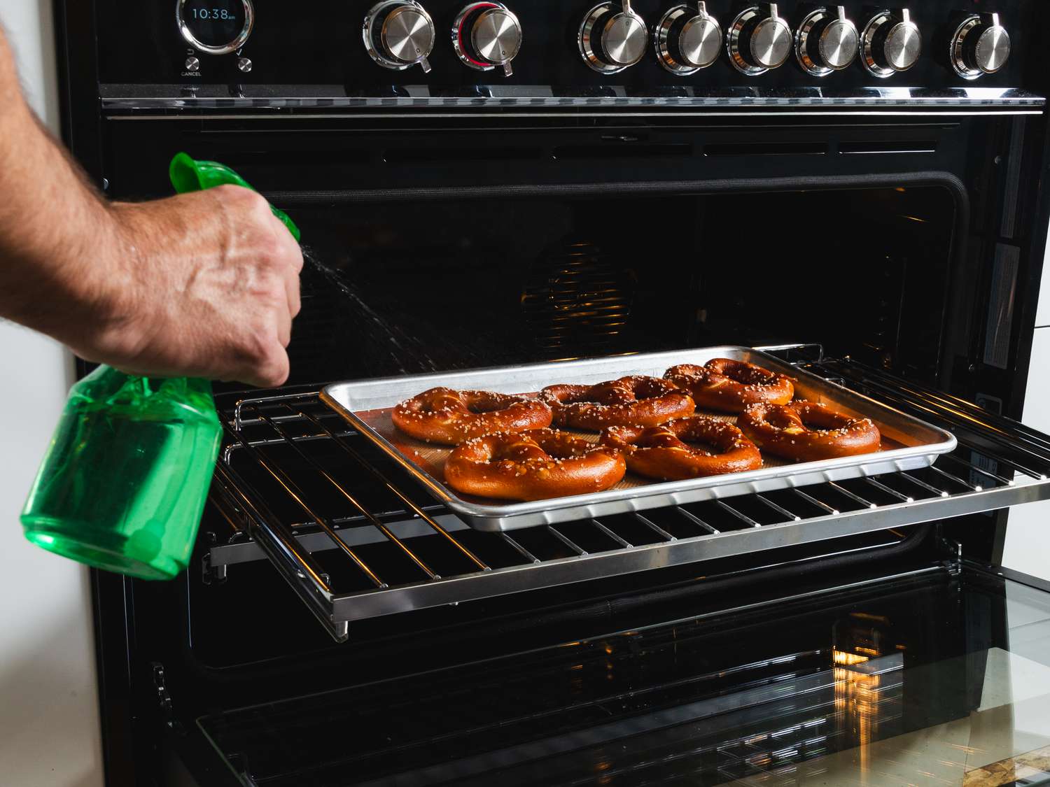 Photos of misting pretzels in oven