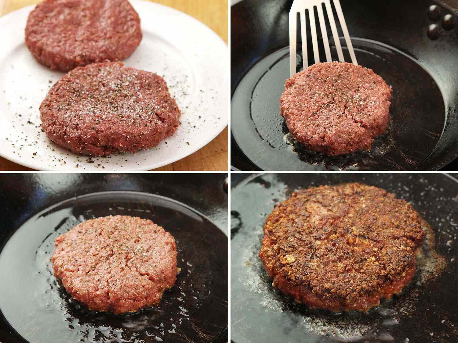 这是一幅拼贴画，展示了调味的Beyond Burger肉饼，用铲子将肉饼放入铸铁煎锅中，然后烹饪肉饼。