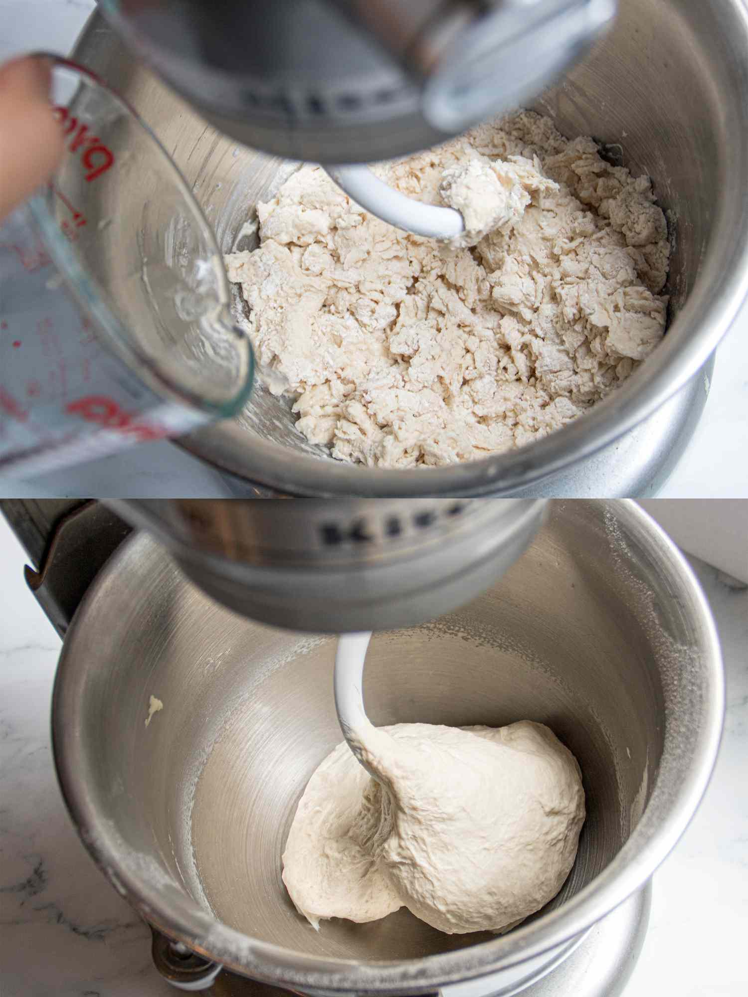 Two image collage of adding yeast mixture to flour in stand mixer and dough formed in bowl