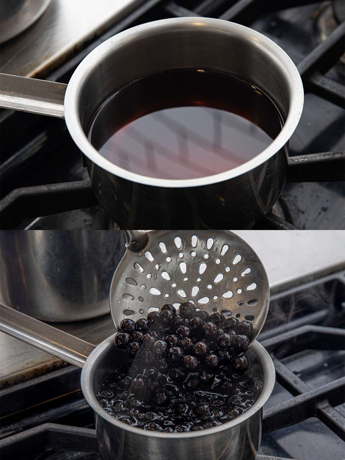 Two image collage of sugar mixture on a pot, and then cooked tapioca pearls being added to pot.