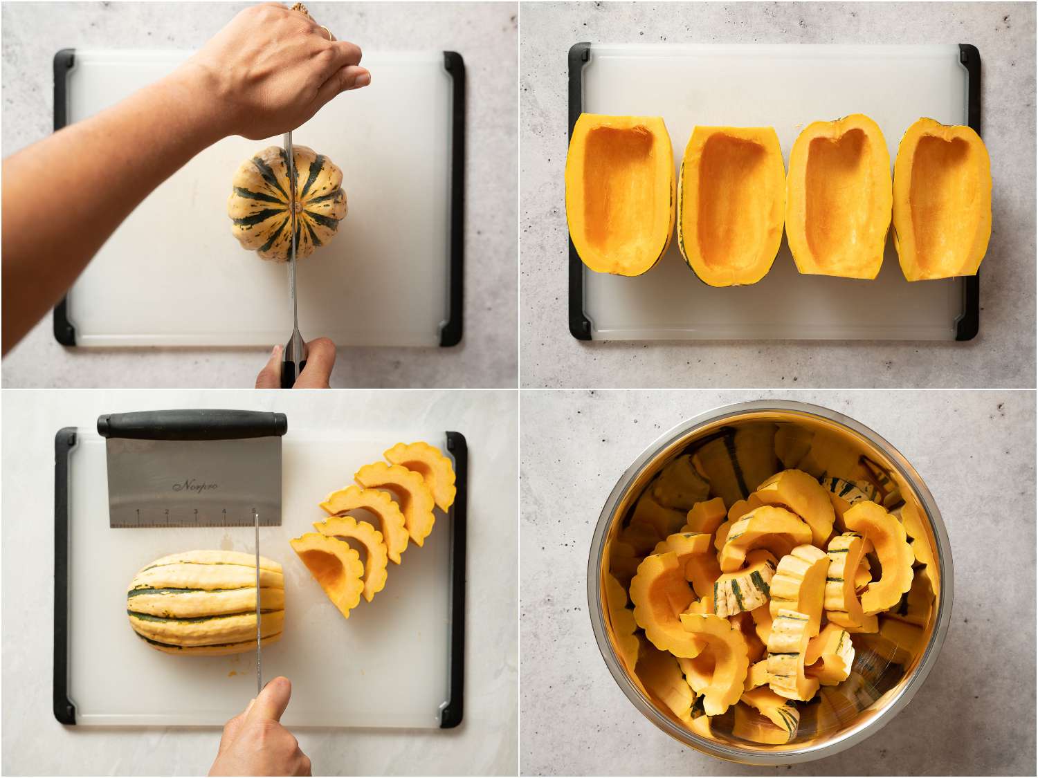 拼贴画展示如何将熟食南瓜切成1英寸厚的薄片