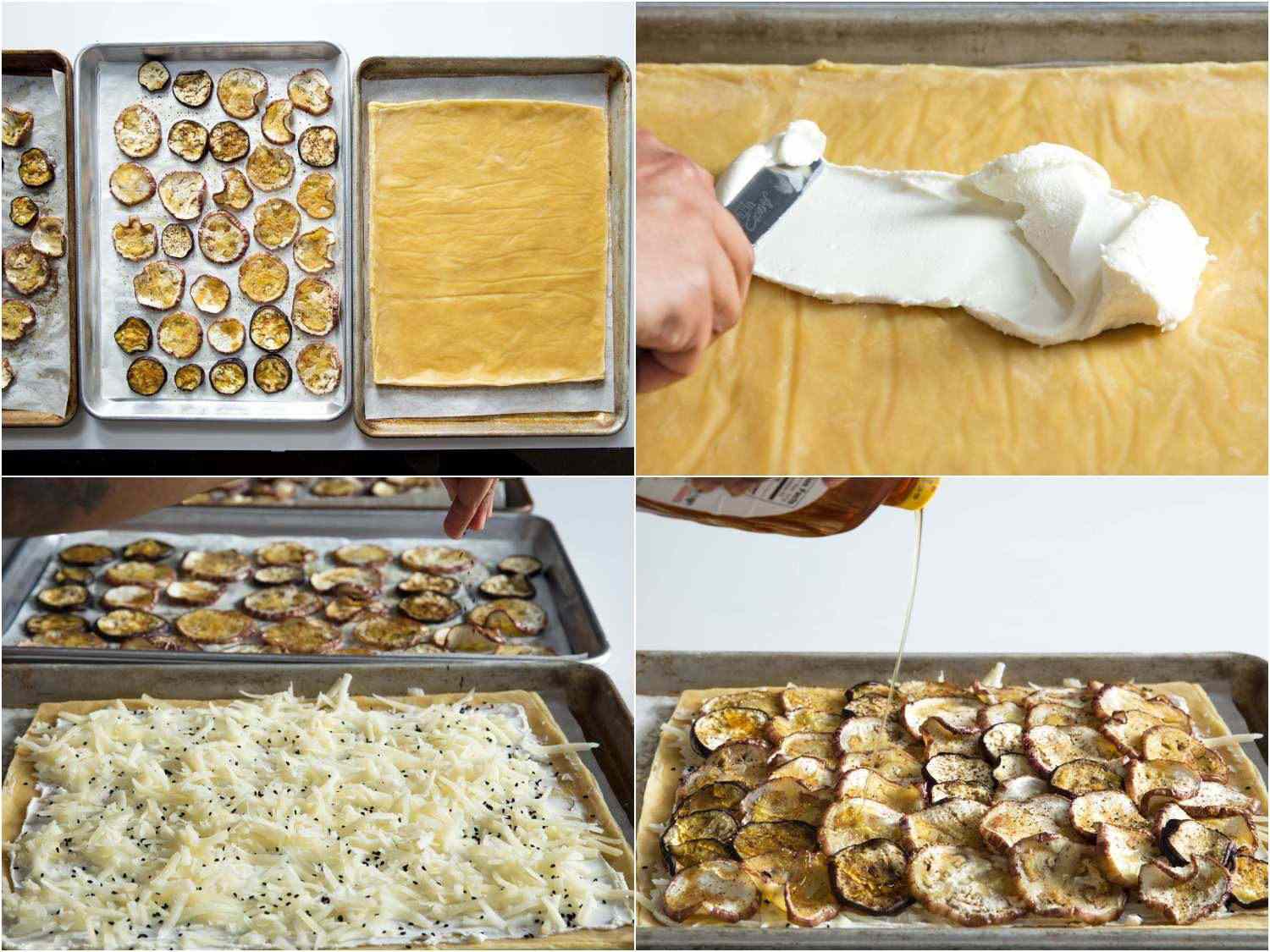 Collage of eggplant tart assembly steps