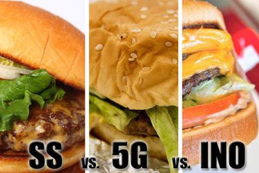 A split image showing burgers from Shake Shack, Five Guys, and In-N-Out.