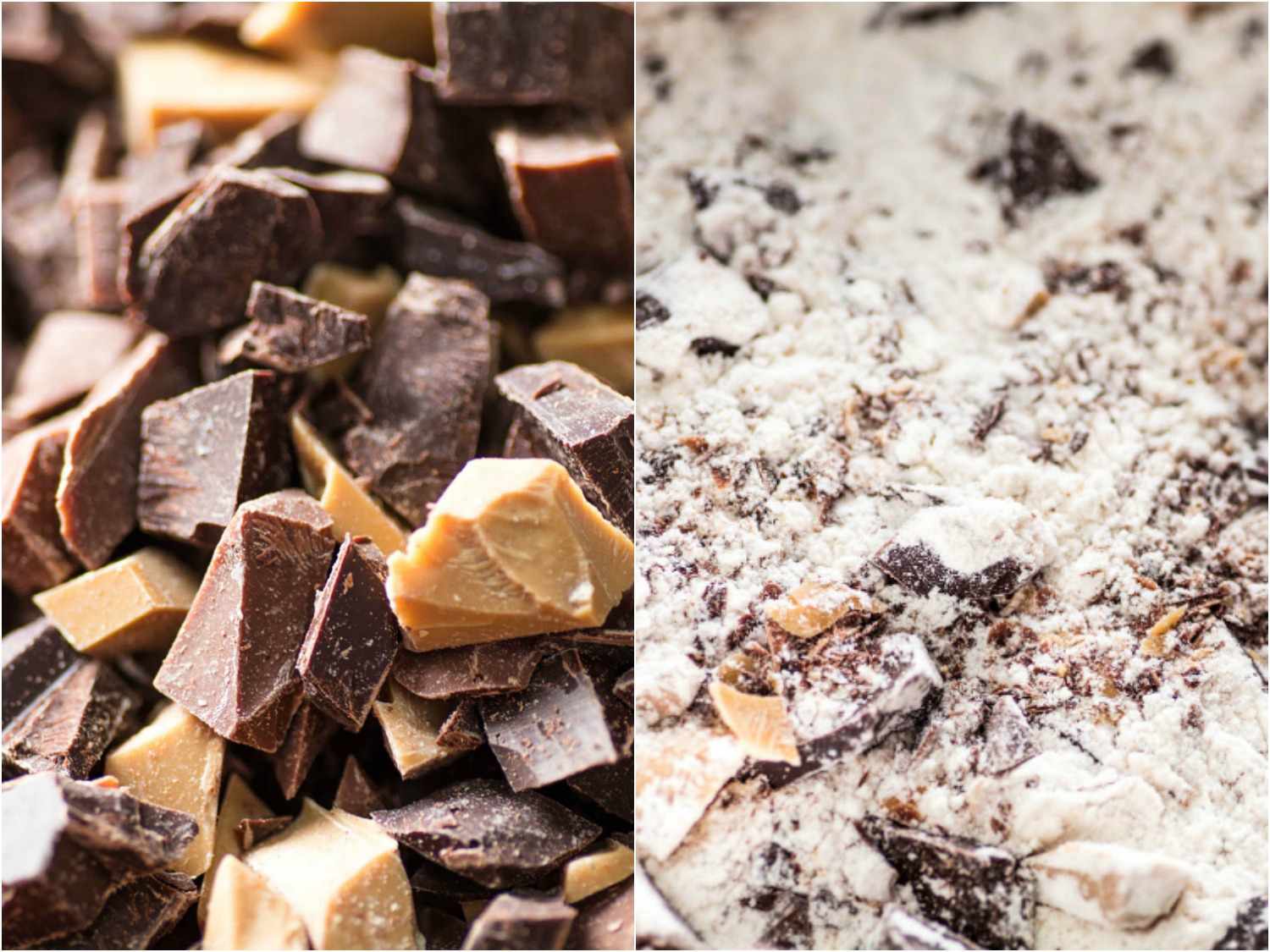 切碎的巧克力块和巧克力块涂在面粉上的巧克力片饼干的拼贴照片gydF4y2Ba