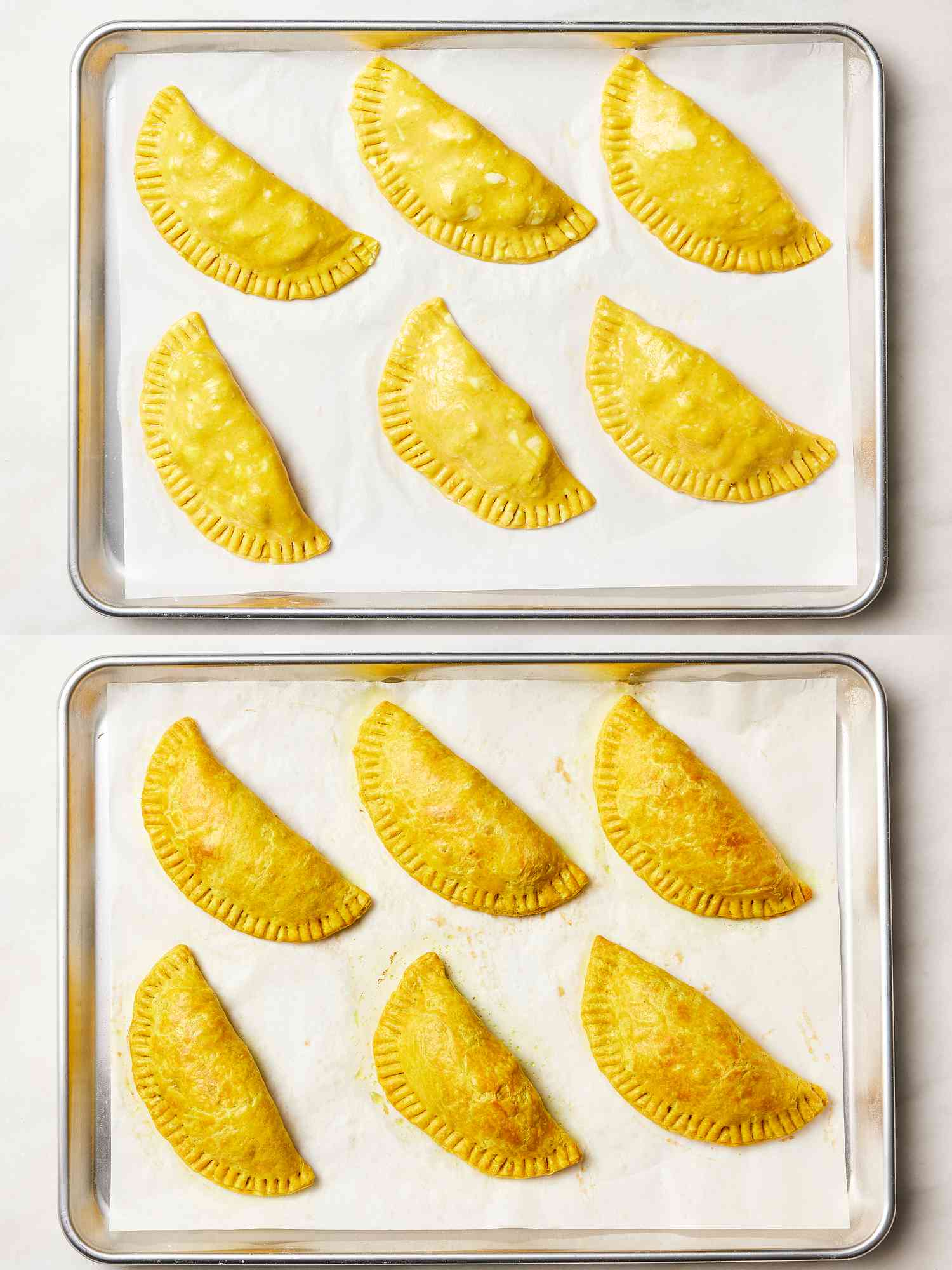 Two image collage of beef patties brushed with egg wash and after being baked