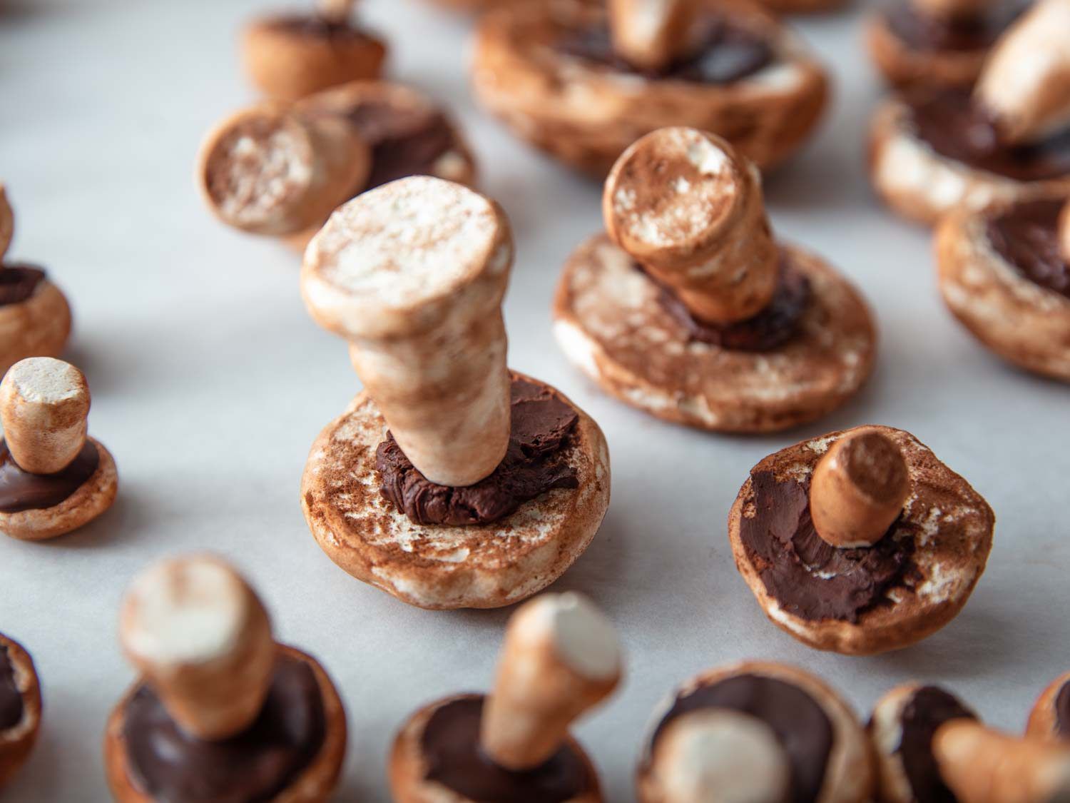 组装好的蛋白蘑菇，倒置放置直到巧克力凝固