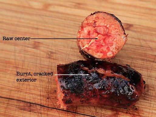 一根被切成两半的香肠，上面的标签标明中间是生的，外面是烧焦开裂的
