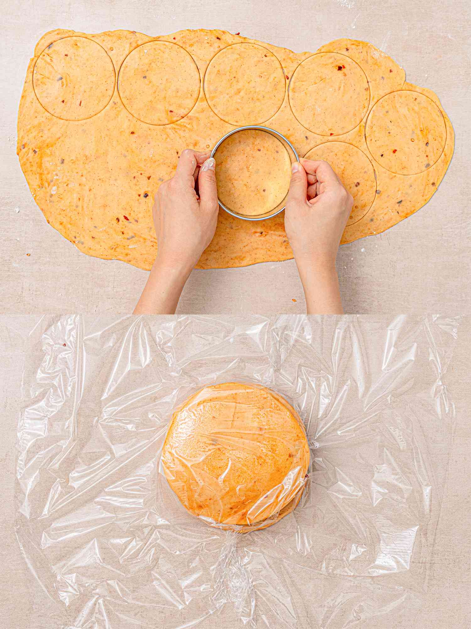 Two image collage of cutting our dough discs and covering with plastic wrap