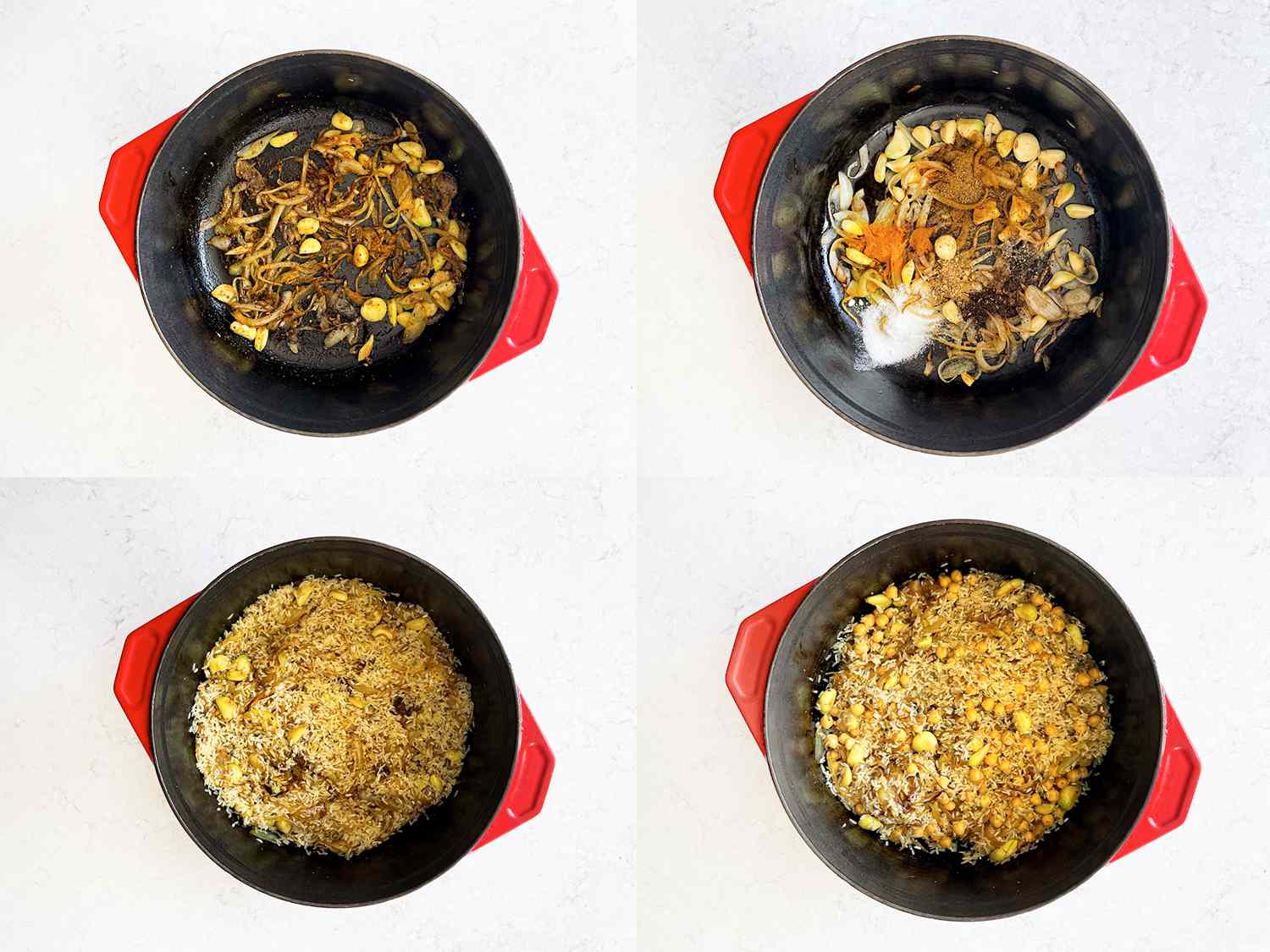 Four Image Collage of garlic, spices, rice and chickpeas being added to dutch oven