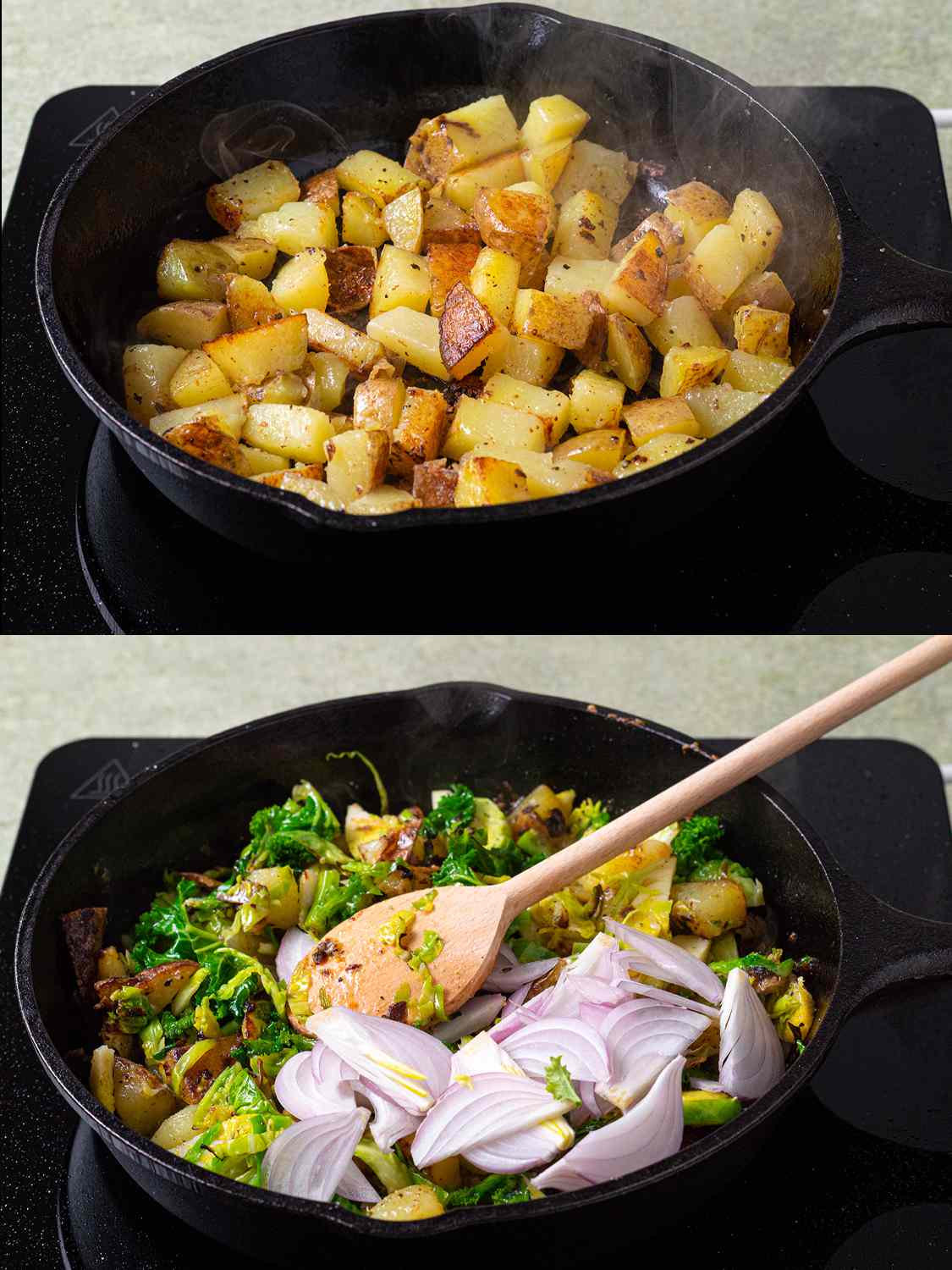 在平底锅里煮土豆，然后搅拌其他蔬菜