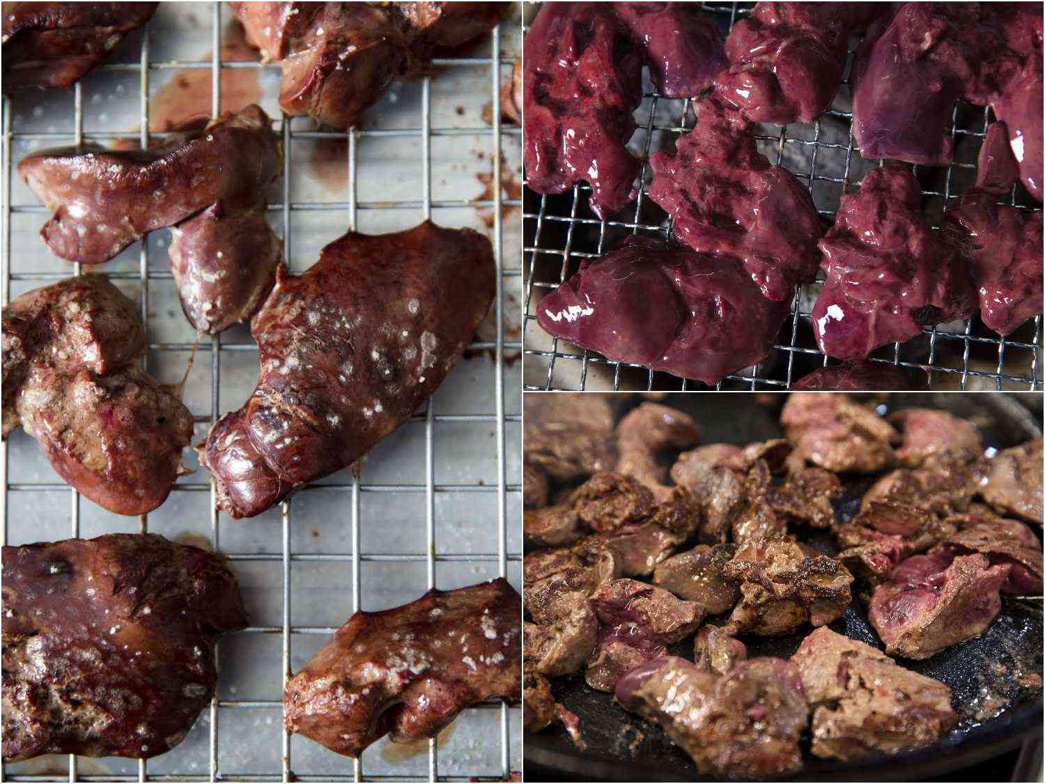 3-image拼贴显示测试不同的首席运营官king methods for liver when making chopped liver (broiled versus grilled versus pan-fried).