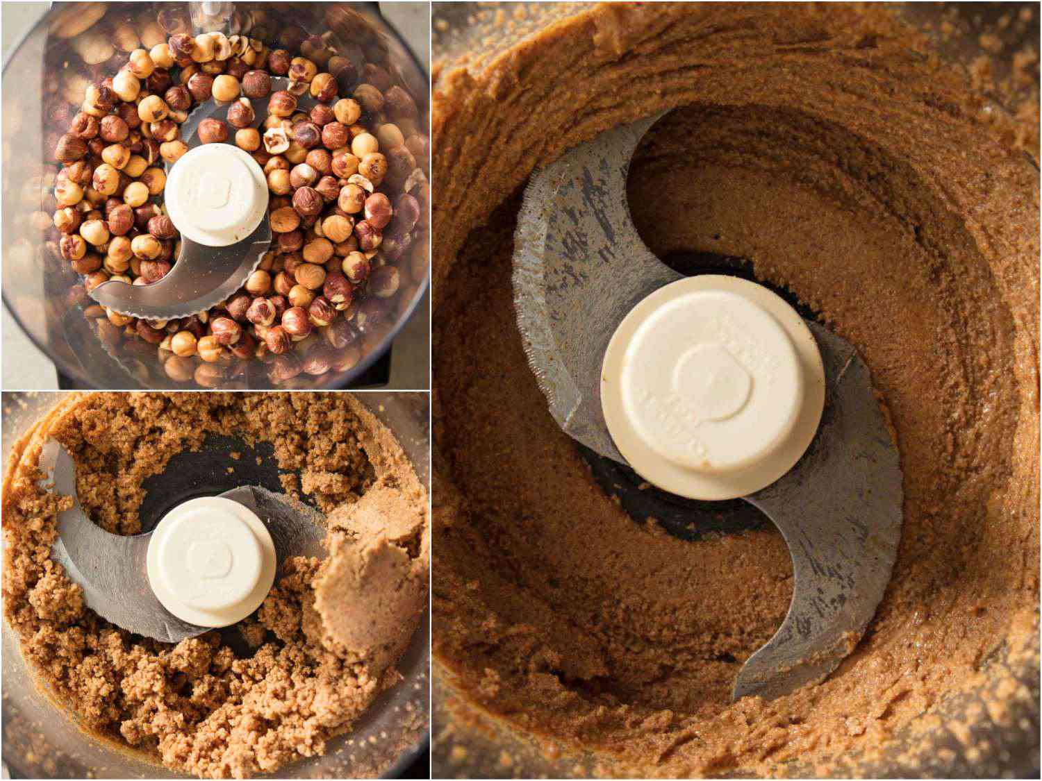 Collage of processing hazelnut butter: from a rough to smooth paste.
